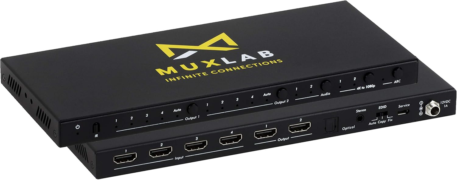 MuxLab 4x2 HDMI 2.0 4K 60hz Matrix Switcher | IR Remote | Supports 4K@60Hz | 4:4:4 | HDR | 4 in 2 Out | No Driver | Control with IR Remote | Push Button | Switcher and Splitter