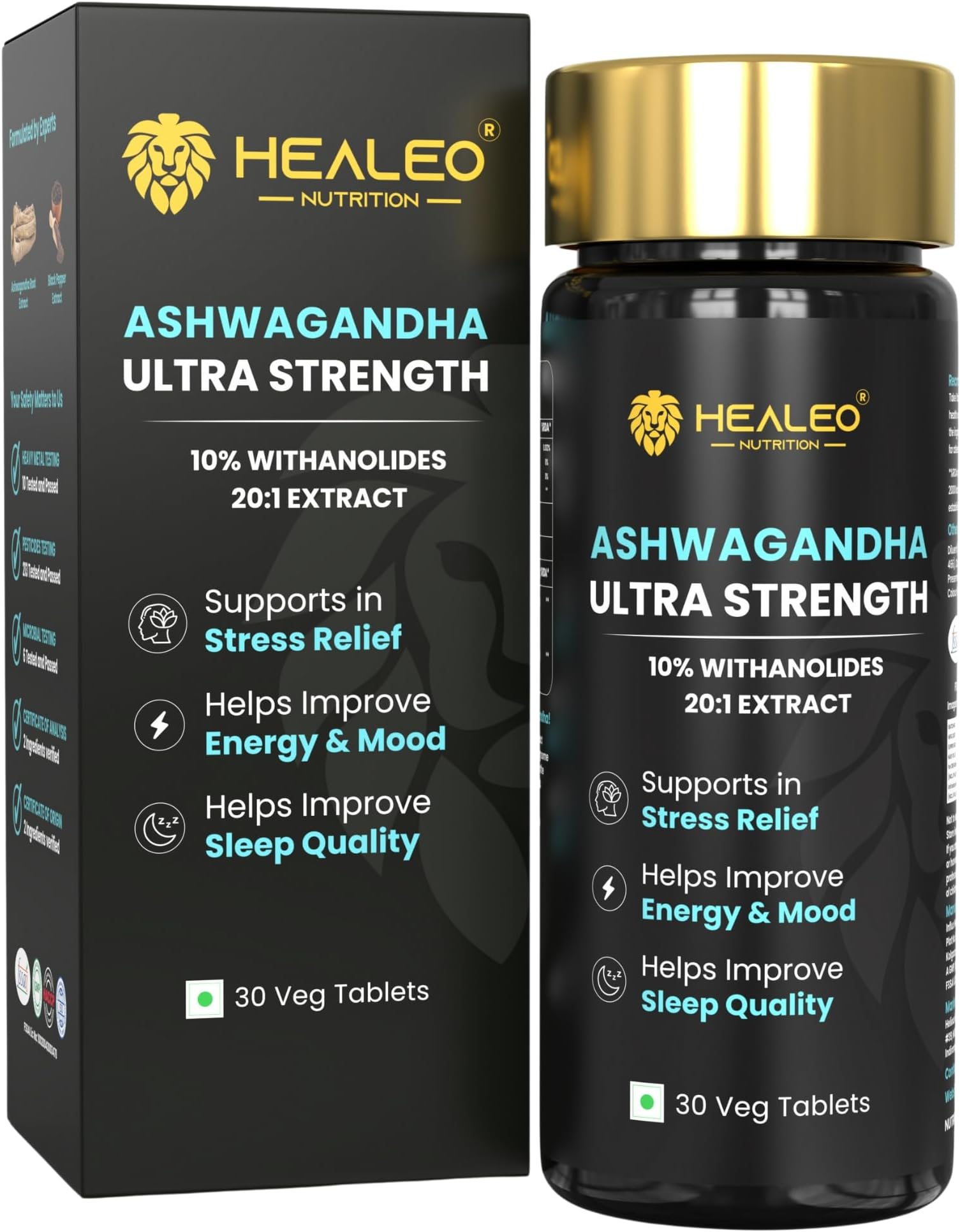 Healeo Ashwagandha Ultra Strength 710mg - 10% Withanolides, 20:1 Extract, 2x Stronger than KSM 66 Ashwagandha - Anxiety & Stress Relief, Energy & Mood Enhancer - Lab Tested - 30 Veg Tablets
