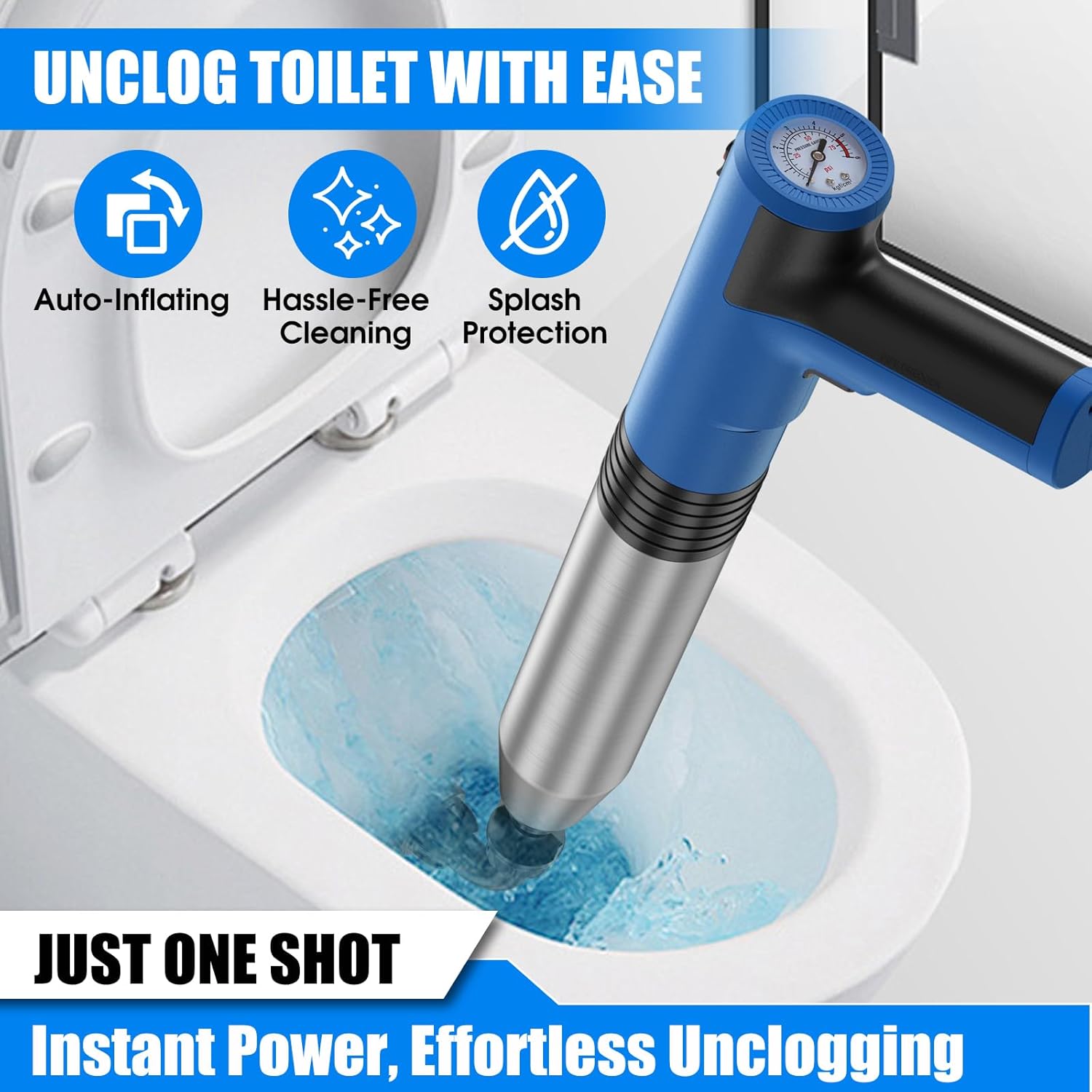 Electric Toilet Plunger, All in One High Pressure Drain Unclogger Plungers for Bathroom, Bathtubs, Floors, Heavy Duty Versatile Home Toilet Clog Remover - Blue