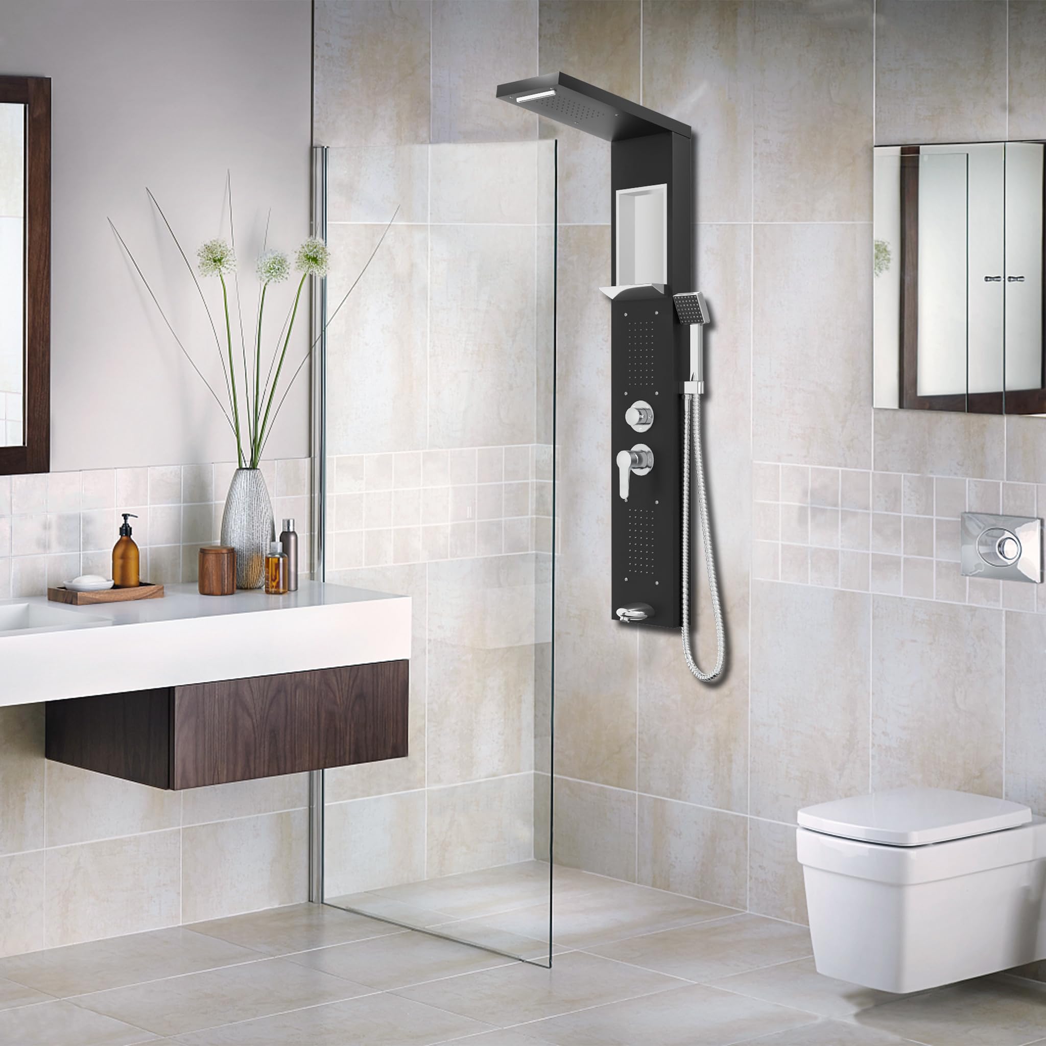 YUENFONG Panneau de douche 5 en 1 en acier inoxydable avec douche à effet pluie, cascade, massage du dos, douchette, montage mural facile, noir