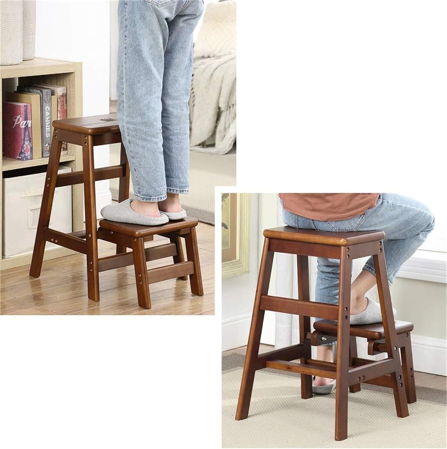 Step Stool 2-Step Wood Folding Stepladder & Step Stool - Lightweight Anti-Slip Pedal Design for Home Garden DIY - 150kg Capacity