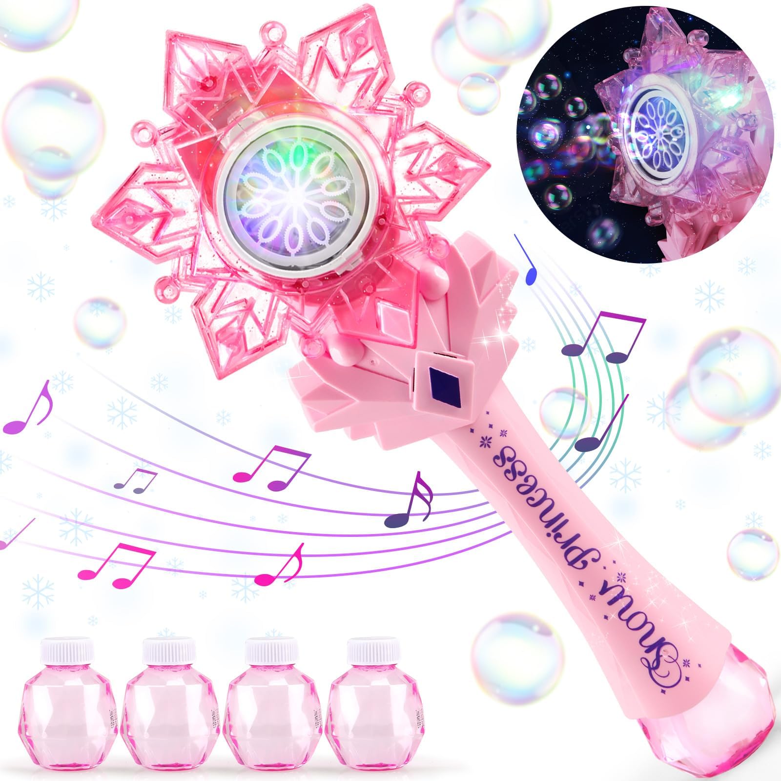 Bubble Wands for Kids Girls - Include 4 Bubble solution, Light Up LED & Sound Effect, Outdoor Party Birthday Windmill Bubble Machine Toys for Toddlers, Gift for Girls Age 3 4 5 6 7 8 Year Old