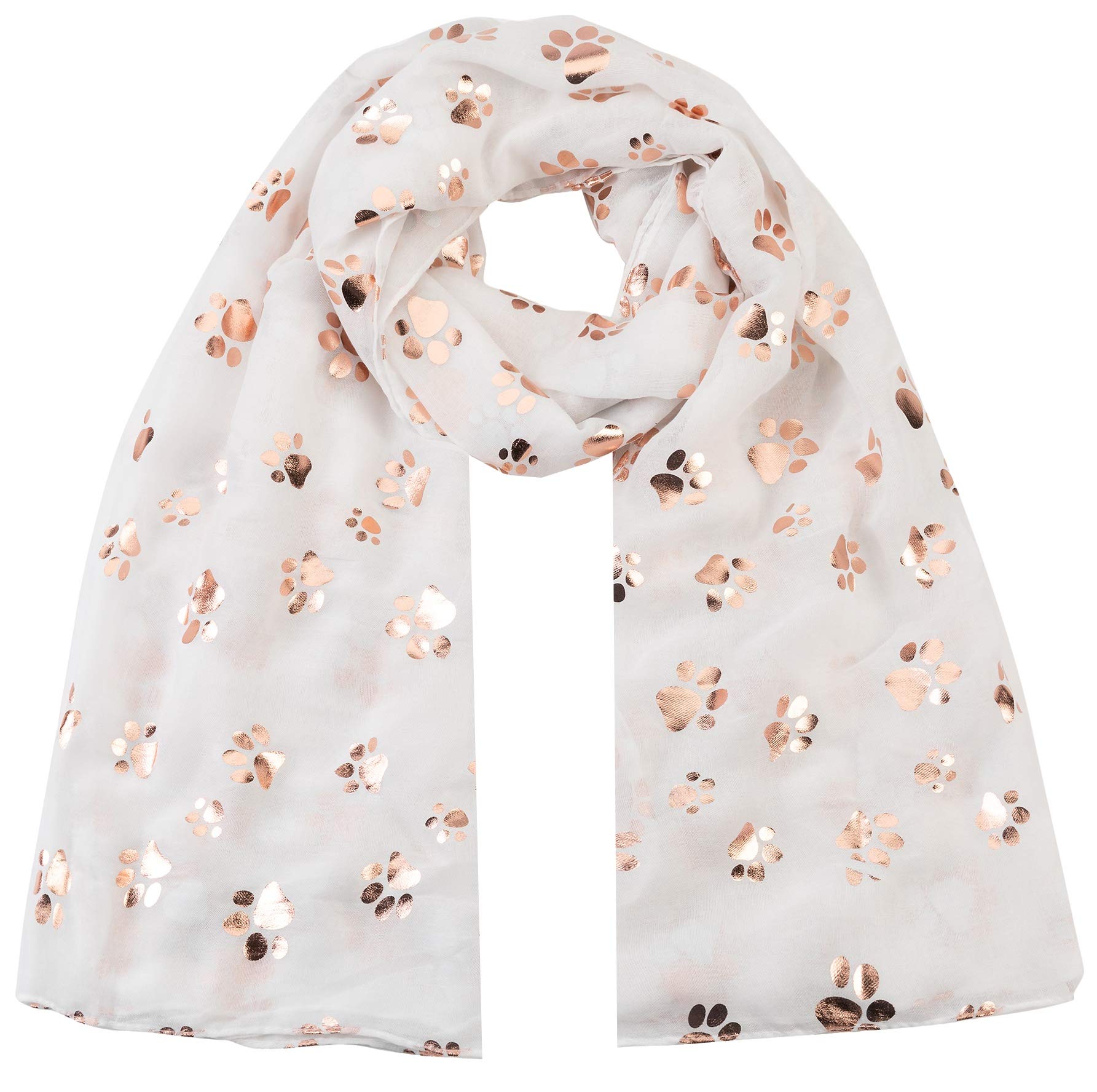 World Of Shawls White Rose Gold Foiled Animal Dogs Paw Print Scarf Wraps Shawl Scarves (White)