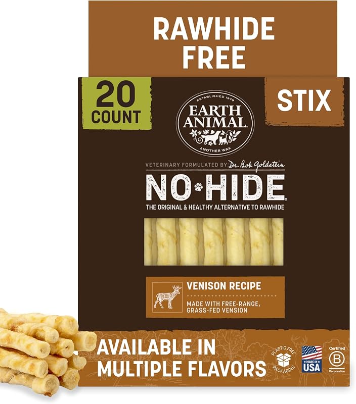 Palitos mastigáveis para cães sem couro cru com carne de veado Earth Animal No Hide Stix, 20 unidades