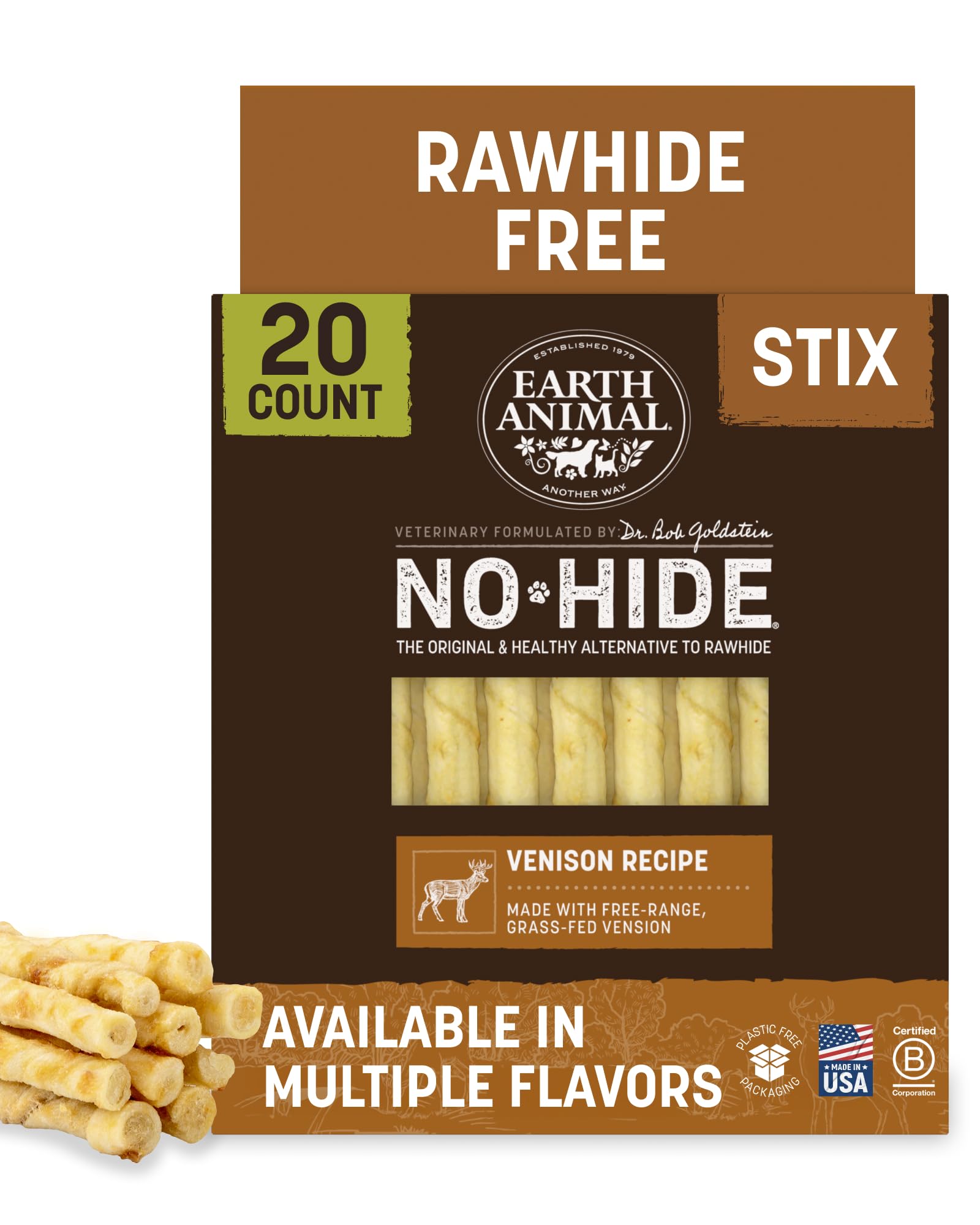 Earth Animal No Hide Stix - Rawhide Free Dog Chews Sticks 20 Count Venison