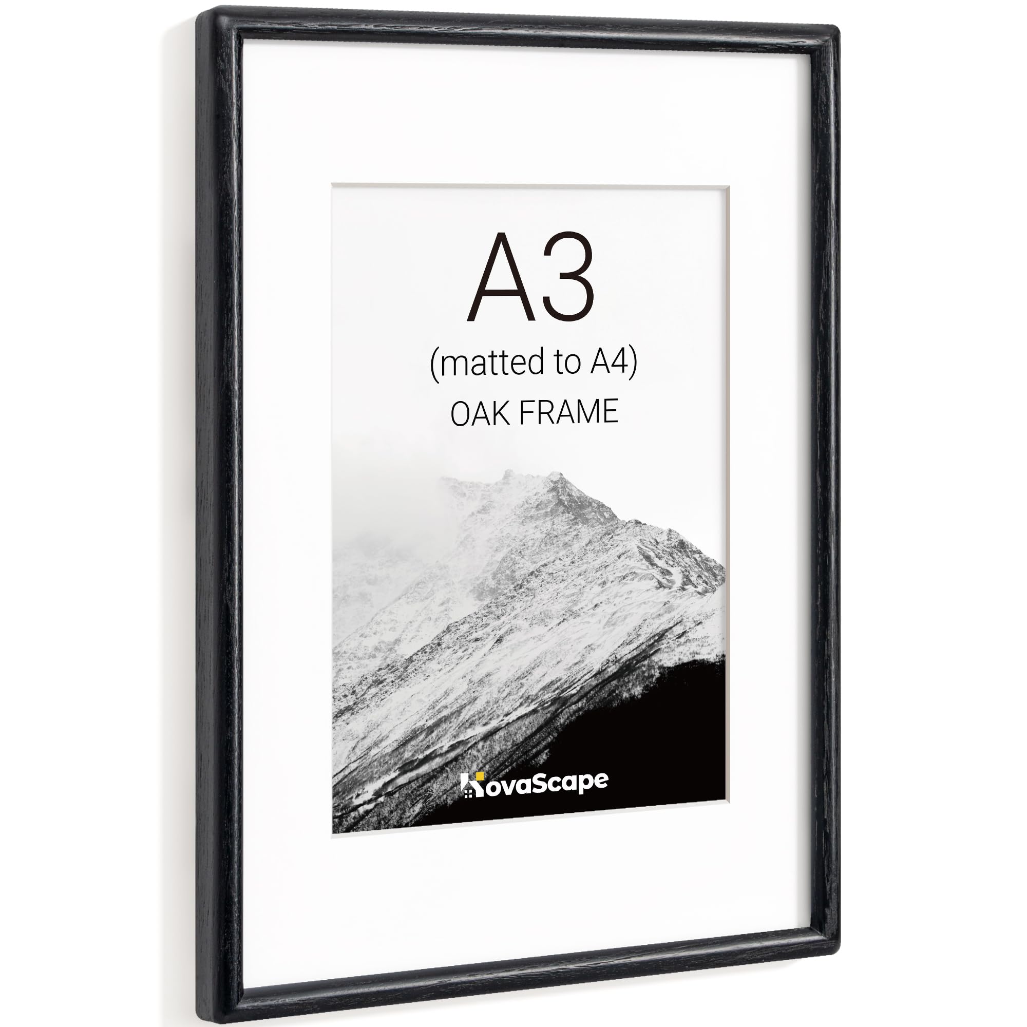 KovaScape A3 Picture Frame, Solid Oak Wood Photo Frame with Tempered Real Glass, Includes White Mount for A4(21x29.7 cm) Photo, Rounded Corner Design, For Wall Hanging