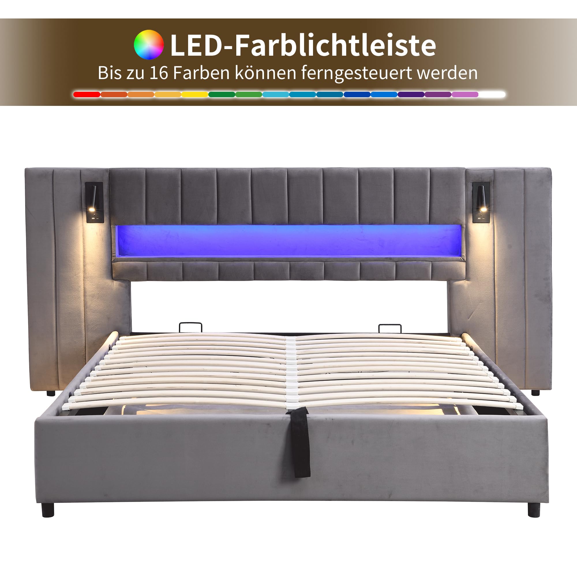 Moimhear Telaio letto imbottito con porta USB, letto matrimoniale, illuminazione a LED, lampada da comodino, con spazio contenitore, senza materasso, in velluto, grigio (180 x 200 cm)