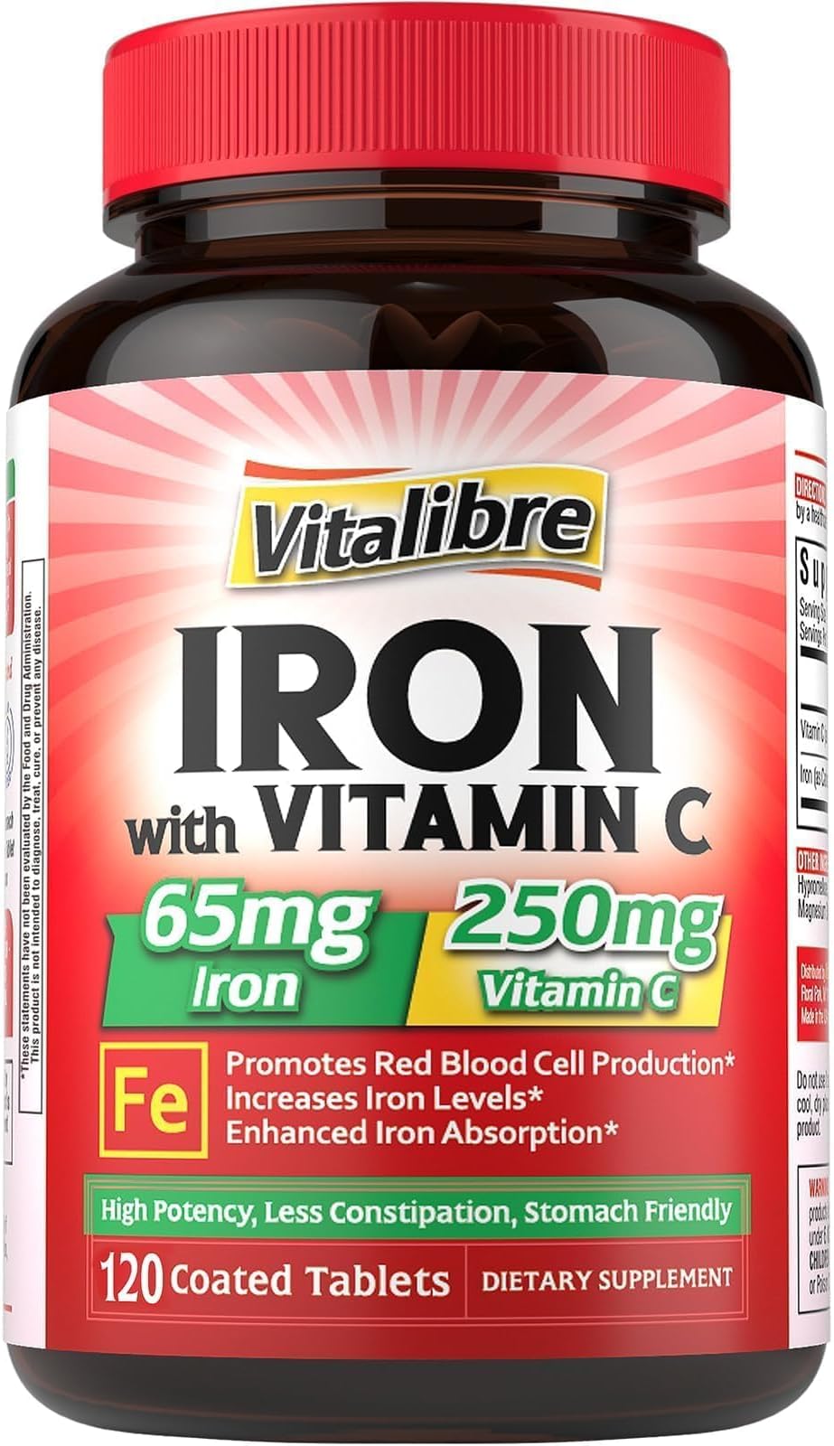 Iron Supplement, 65mg Carbonyl Iron with 250mg Vitamin C, Stomach Friendly Iron Pills for Blood Building Women & Men, High Absorption, No Nausea, No Constipation, Non-GMO, No Gluten, 120 Vegan Tabs