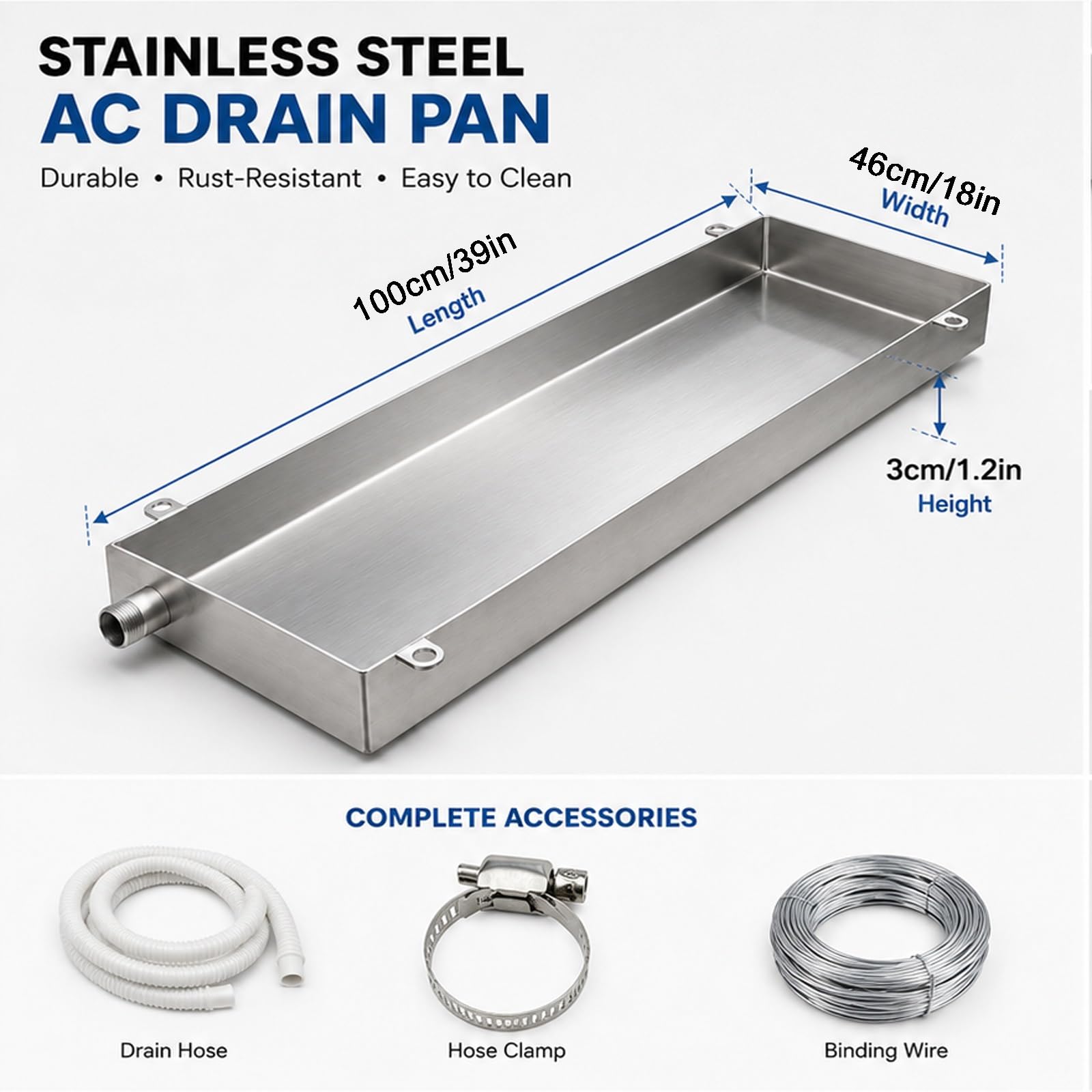 Vaschetta di Raccolta Condensa for Condizionatore, in Acciaio Inox 304 con Tubo Flessibile, for unità Esterna, Installazione a Sospensione o a Pavimento(100 * 46cm/39 * 18in)