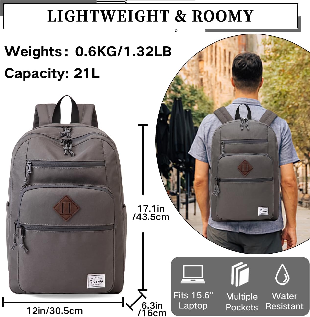 VASCHY School Backpack for Men, Unisex Large Bookbag Schoolbag Casual Daypack for High School/College/Teens/Travel/Work Gray