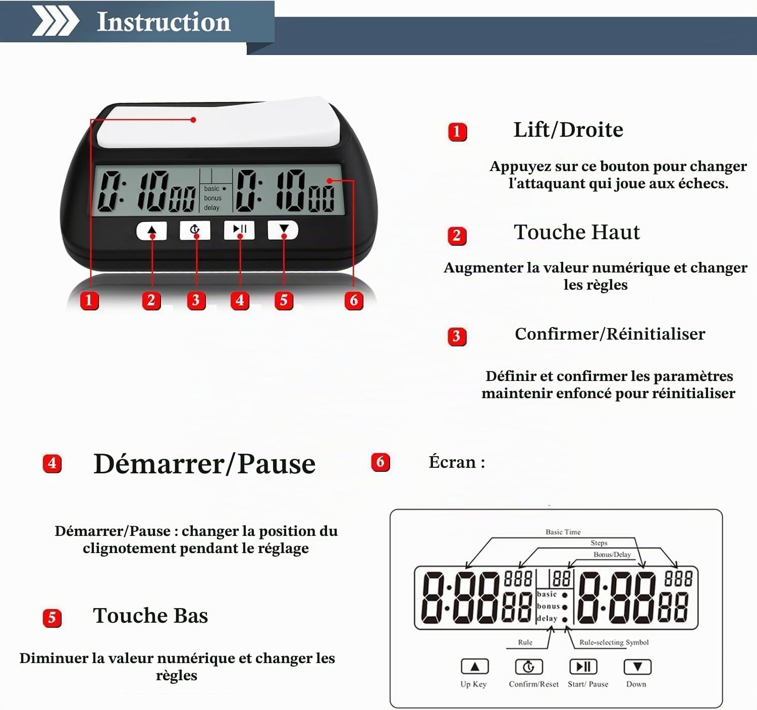 Zerodis Horloge d'échecs professionnelle avec alarme multifonction portable, pour jeux de société, noir