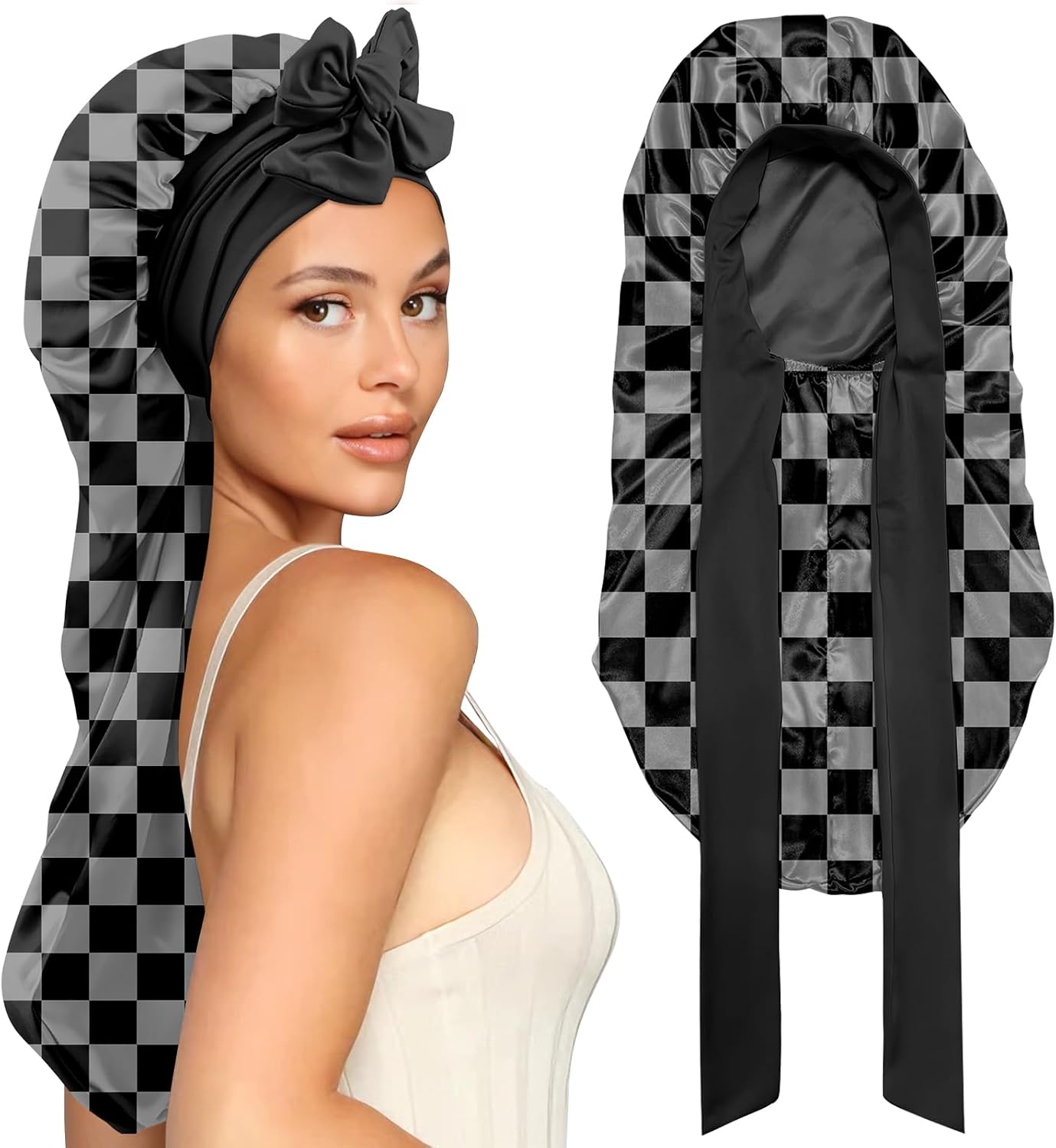 Long Satin Hair Braid Bonnet for Sleeping Double Layer Tie Band Wide Elastic Soft Silk Lined Nightcap Women Girls Cute
