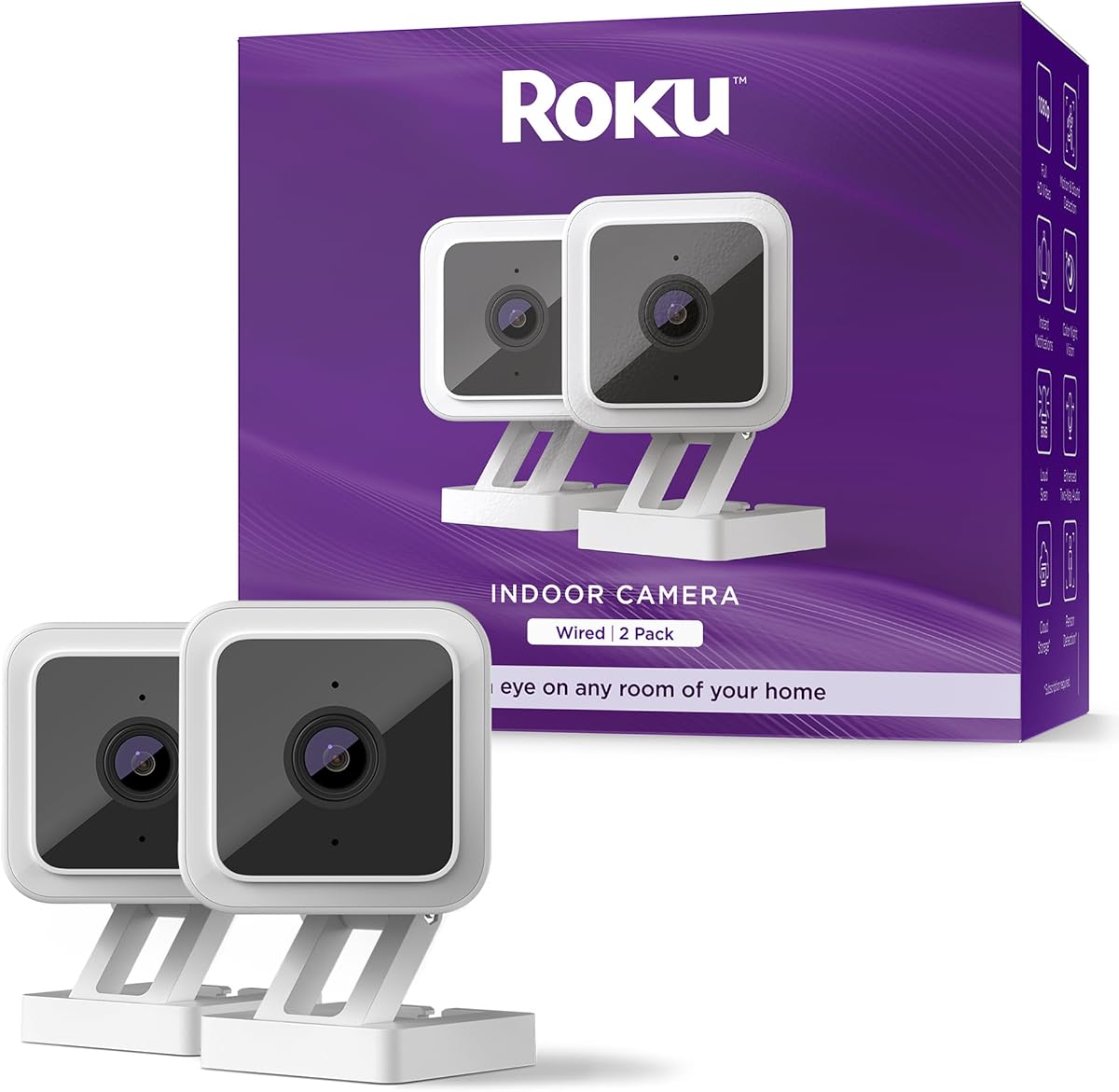 Amazon.com : Roku Indoor Camera for Home Security, 2-Pack - Wired Security Camera with 1080p HD Color Night Vision, Works with Alexa & Google, Motion & Sound Detection, Built-in Siren, 90-Day Subscription Included : Electronics