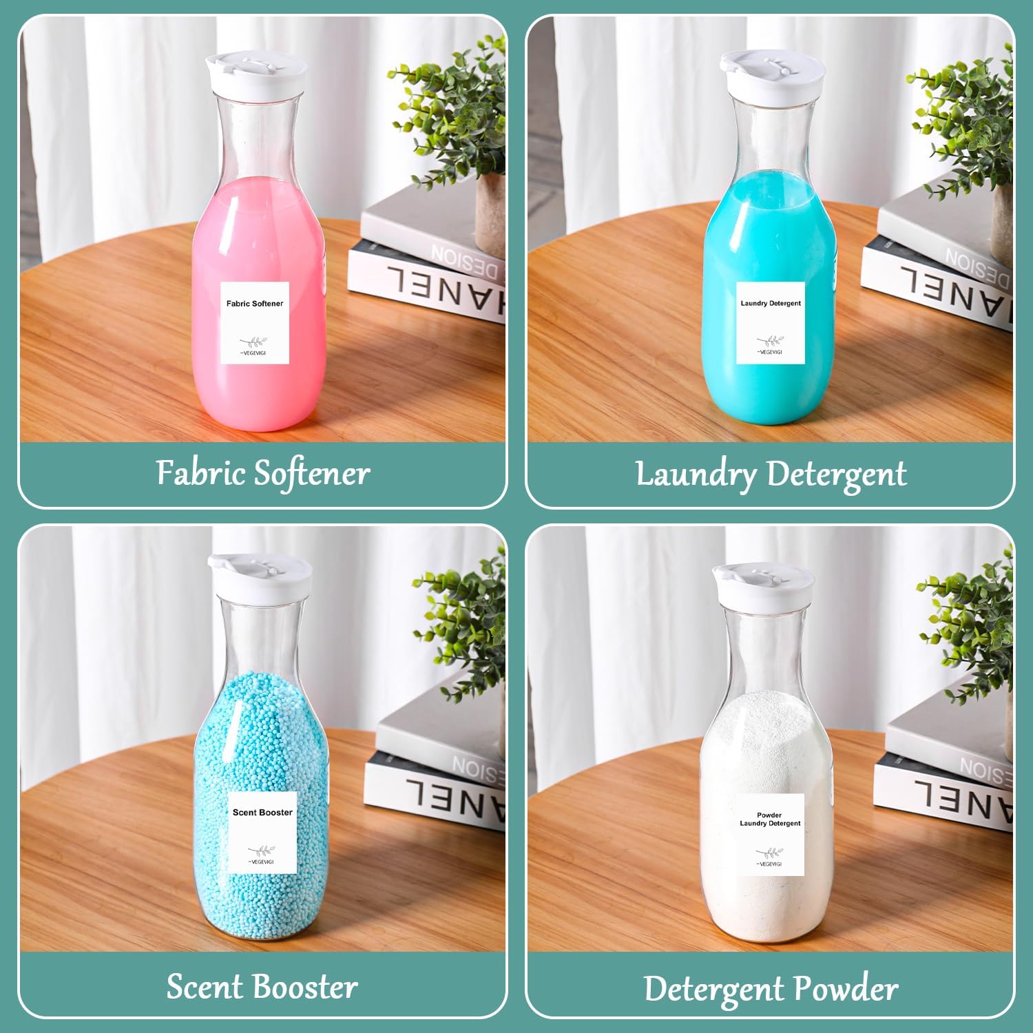 Laundry Detergent Dispenser BY VEGEVIGI, 54OZ Laundry Soap Disepenser, Liquid Laundry Detergent Container Organizer, Plastic Fabric Softener and Powder Detergent Dispenser, 3PACK