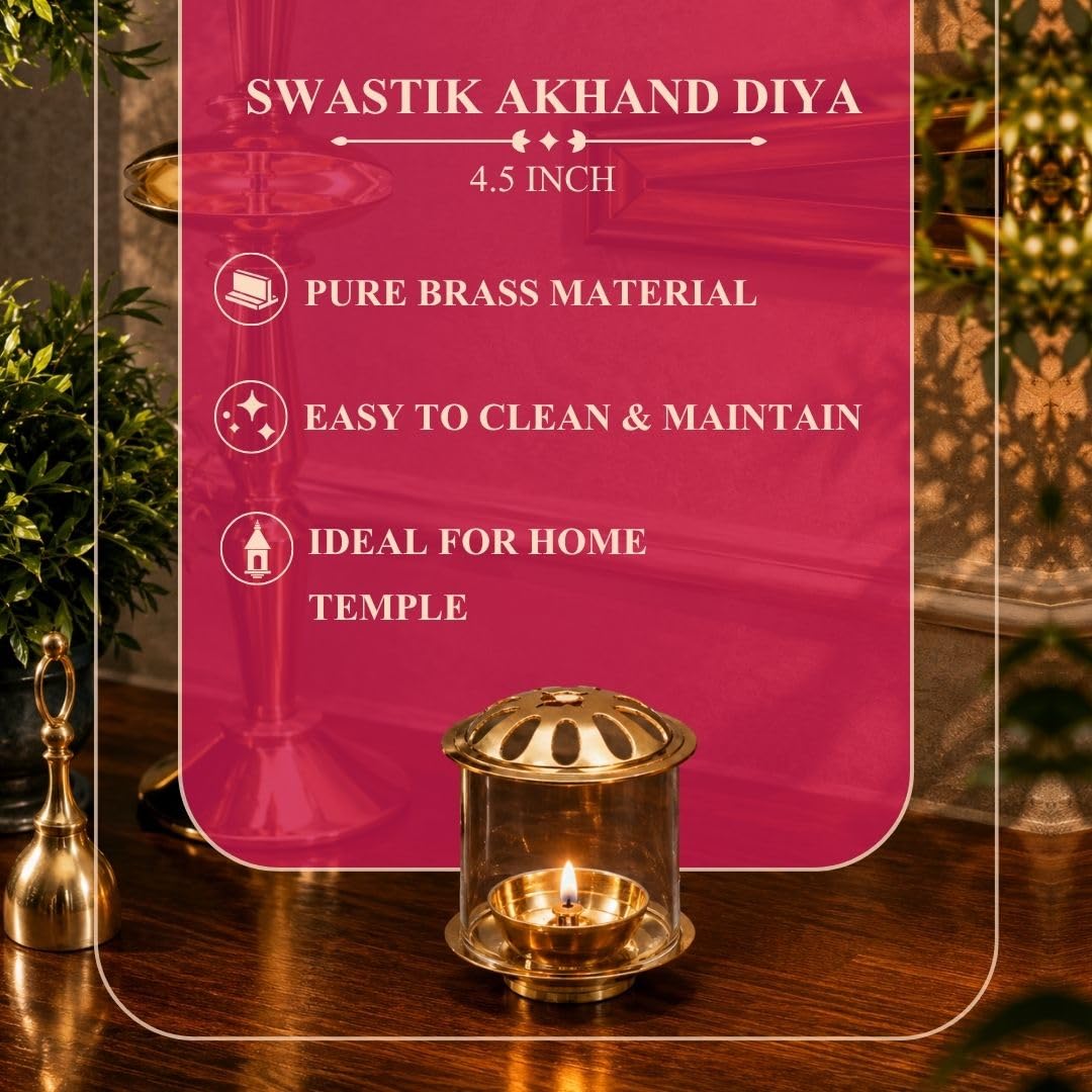 Klassic 4.5 Inch Swastik Akhand Diya with Borosilicate Glass Shade | Pure Brass Oil Lamp for Mandir, Daily Puja, Prayer Room Decor, Festive Decoration & Gifting 3