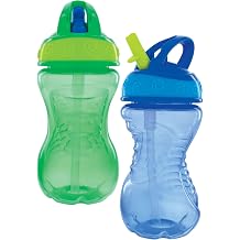 Nuby Flip-It Hard Straw Cups with Vari-Flo Straw - 2 Pack 10 oz - Spill-Resistant - 12+ Months - Blue/Green