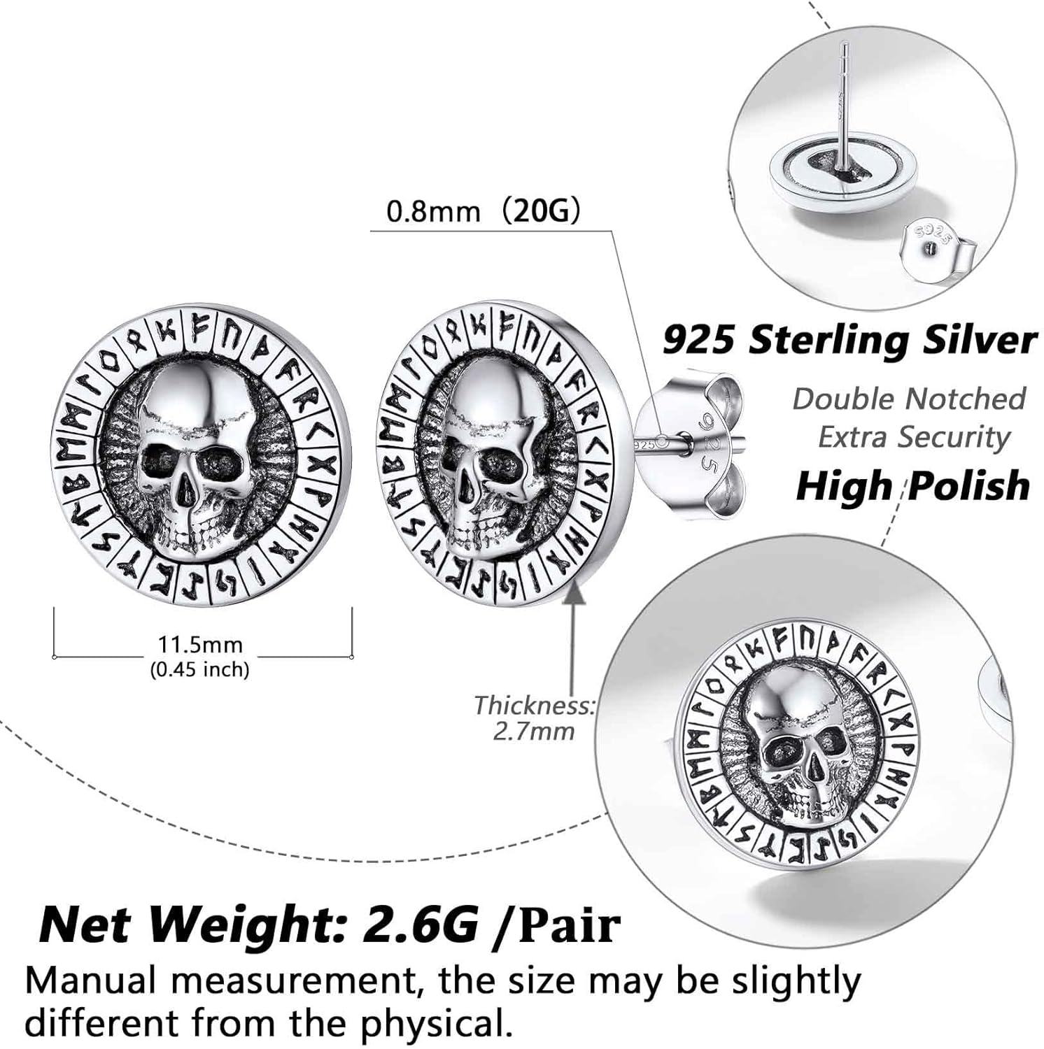 Viking Norse Runes Earrings Gothic Punk Skull Studs for Men Cool Masculine Skeleton Round Ear Charms Nickel Free