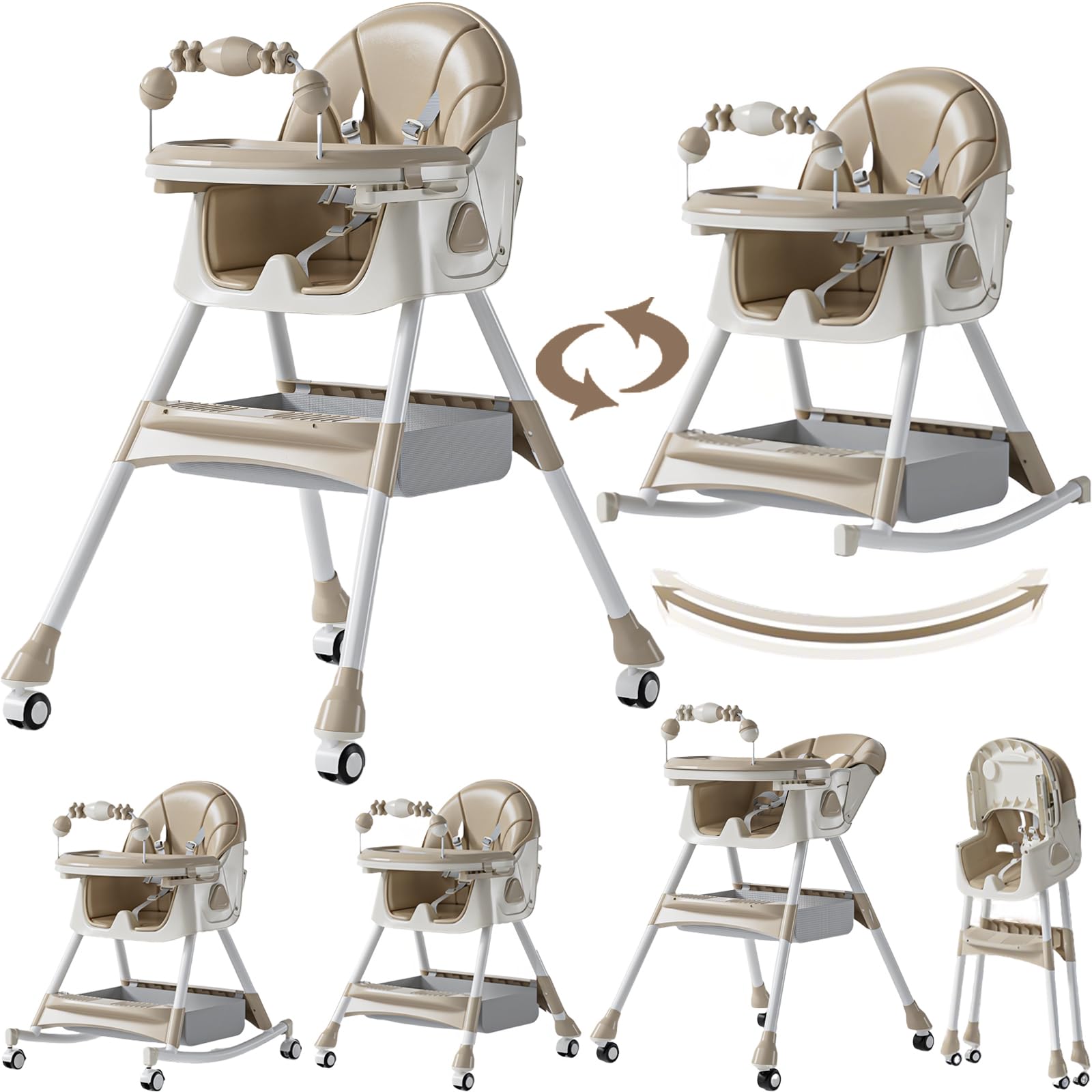 Seggiolone per Bambini Multifunzionale con Oscillazione e Schienale Regolabile 3 Velocità Doppi Vassoi Staccabili Ruote (560 Khaki)