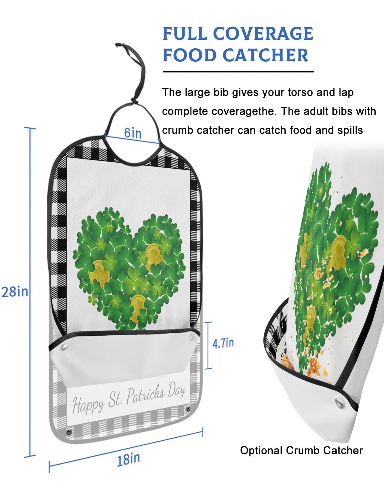 St. Patrick's Day Adult Bibs for Eating, Waterproof Bibs with Food Catcher & Adjustable Snap Closure, Black White Checkered Green Love Heart Clover Gold Clothing Protectors Adult Bibs for Elderly
