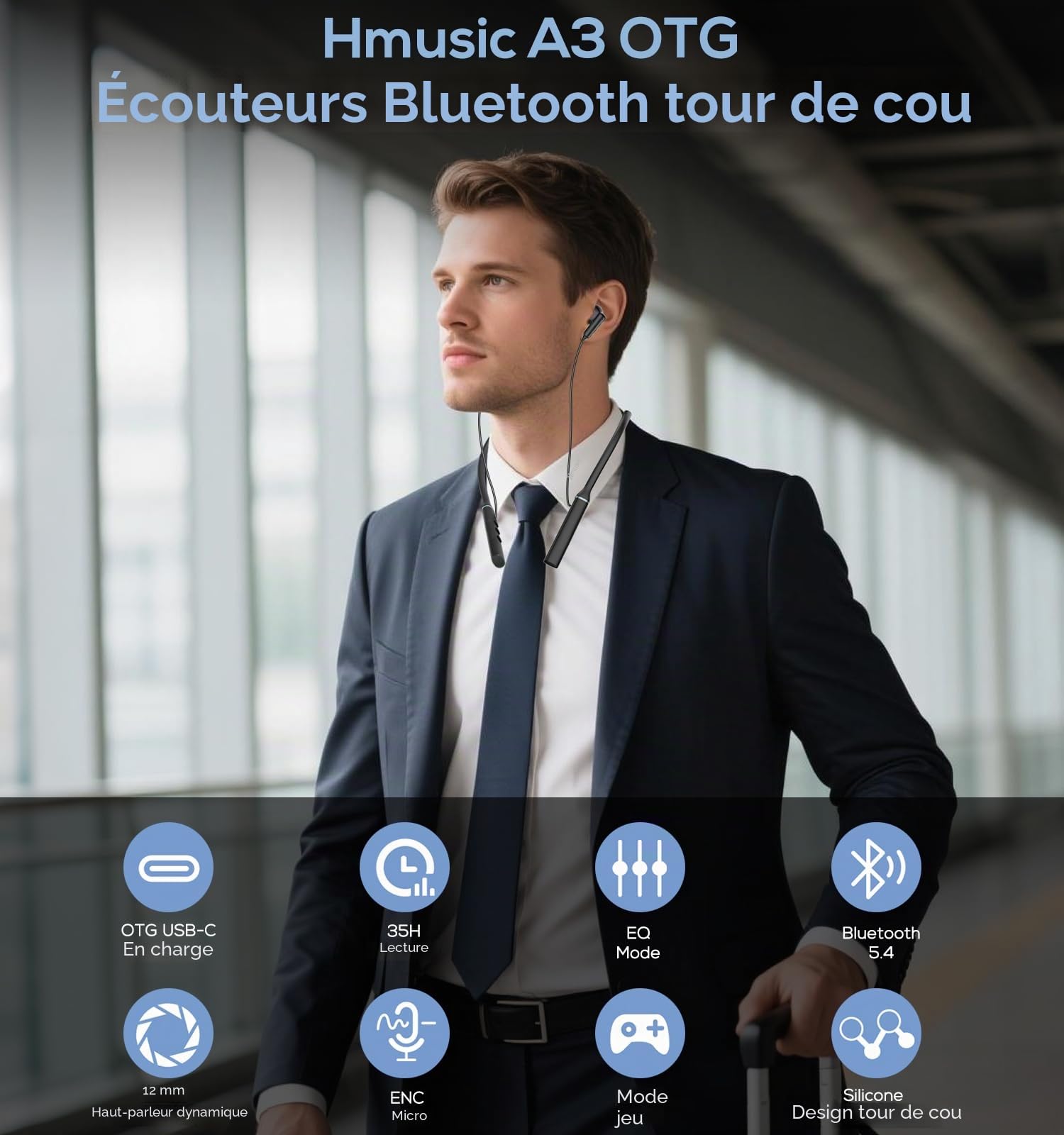 Hmusic Casque Tour de Cou Bluetooth sans Fil, OTG-USB Charging | 35H d'autonomie, 3 Equalizer Modes, Écouteurs magnétiques, Intra-Auriculaires pour Sport/Course/Jeux, Noir