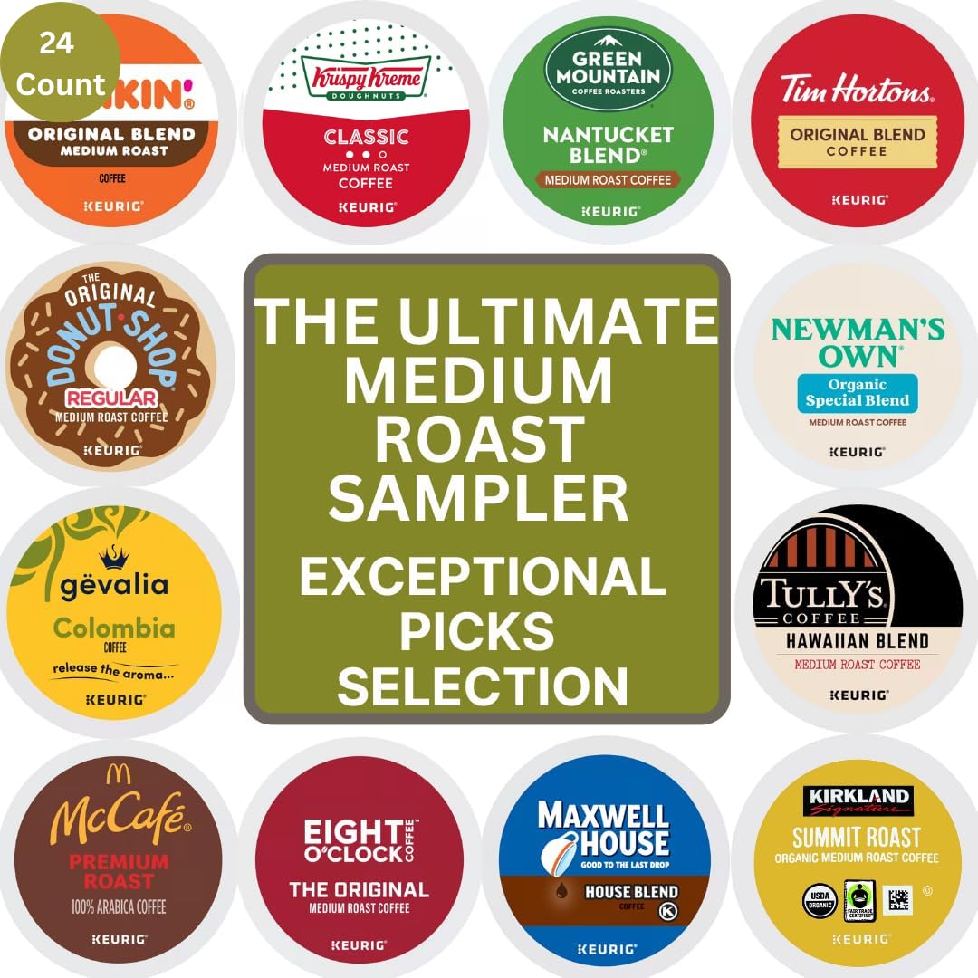 Medium Roast Coffee K-Cups Sampler Variety, Includes Nantucket Blend, Orignal Blend, Eight O'clock Original, Gevalia Colombia, Donut Shop, McCafe Premium Roast, Tim Hortons Original Blend, Tully's Hawaiian, Kirkland Summit Roast And Donut Shop 24 Count