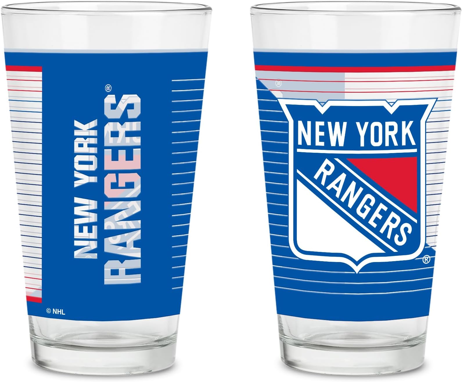 NHL Hockey New York Rangers 16 oz Pint Glasses with Digitally Printed Logo, Set of 2 Classic Drinking Glasses, for Fans, Dishwasher Safe
