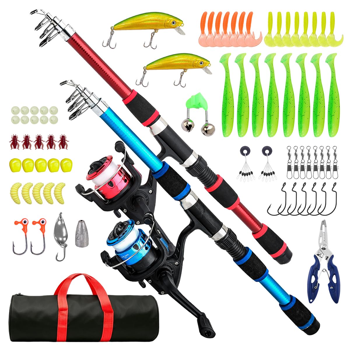 Angelset für Kinder, 2 Stück 1.8m Kinderangel Starter Set mit Angelrolle, Köder und Tragetasche Set, Kohlefaser Teleskop Angelruten und Rolle, Angel Zubehör für Kinder von Jungen Mädchen