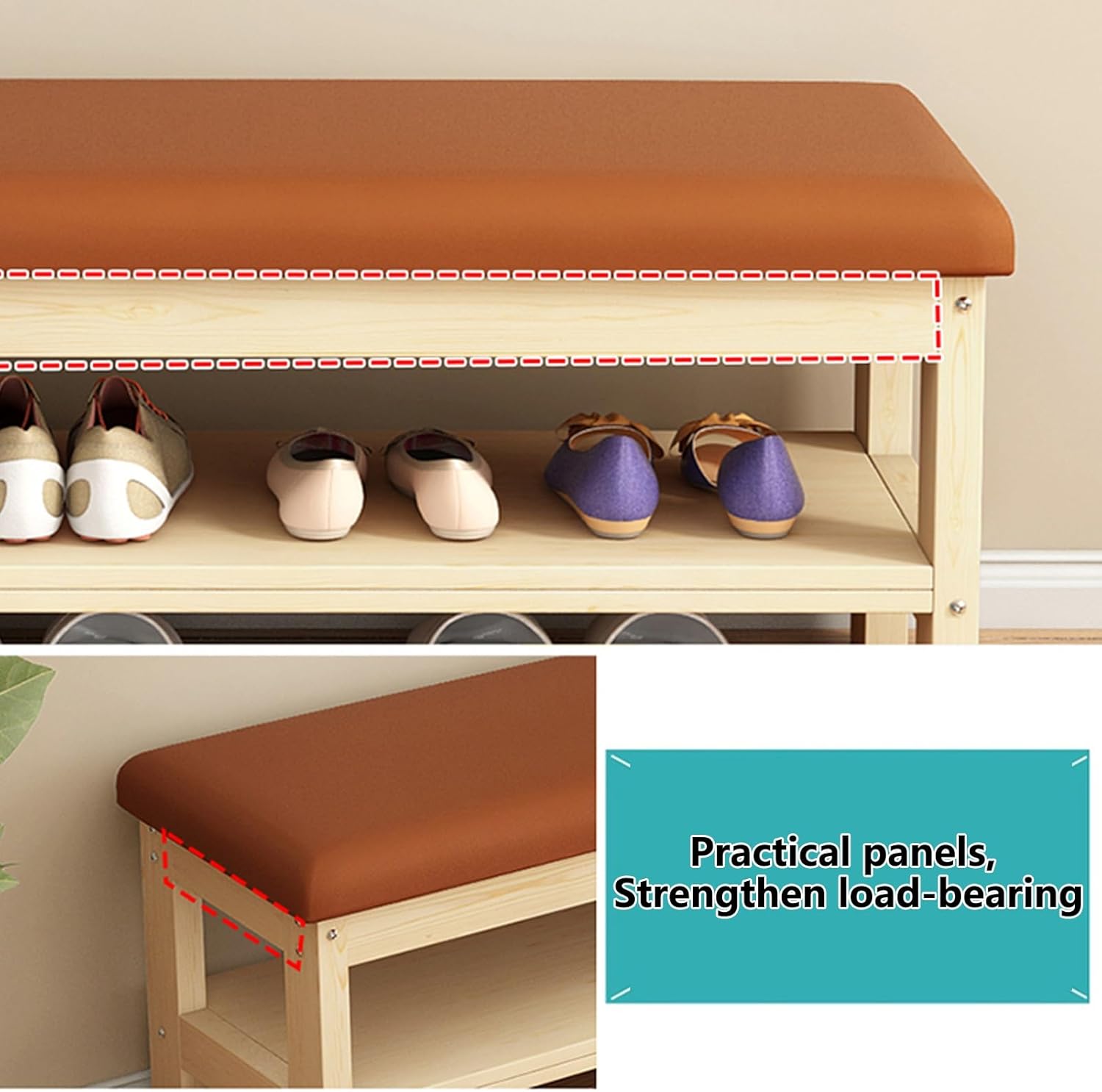 Shoe Storage Bench, Solid Wood Shoe Bench with Leather Seat, Upholstered Entryway Bench, End of Bed Bench with Shelf, for Entryway, Hallway, Mudroom, Closet, Apartment(Beige,16x12x18/40x30x45c