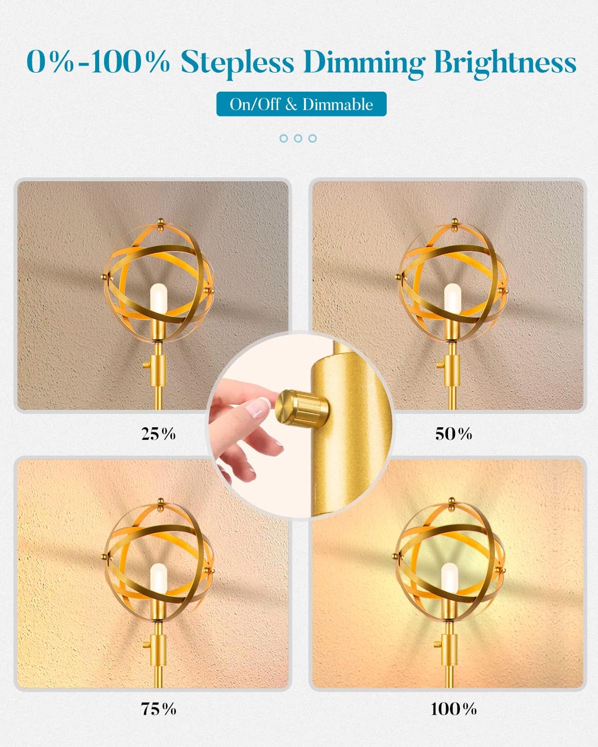 Gold Floor Lamp 0%-100% Dimmable Industrial Floor Lamp Gold Spherical Standing Lamp with 3000K Warm White Soft Brightness, E26 LED Bulb Included Globe Floor Lamp for Living Room/Bedroo/Sofa Conerm