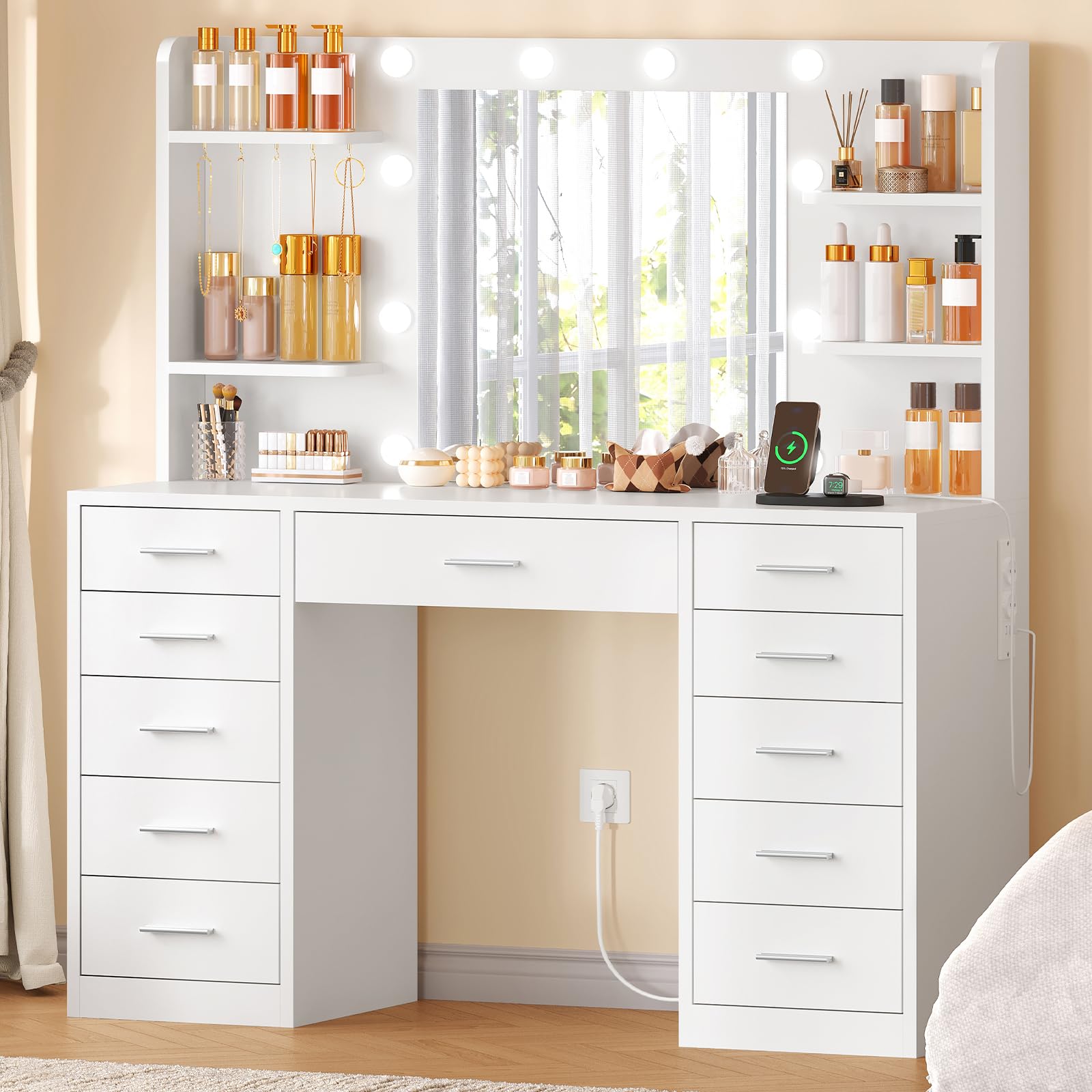 Grande Toeletta, Toeletta da Trucco con Specchio e Luce LED, 3 Colori Regolabili, Postazione Trucco con 11 Cassetti, 4 Ripiani e 5 Ganci, Cassettiera Moderna, Bian