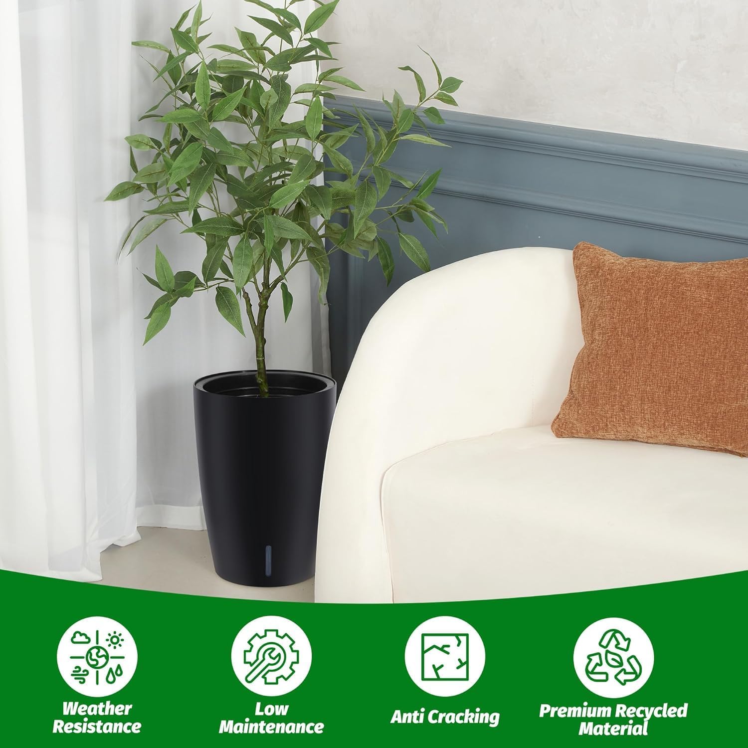 Lot de 2 Pots de Fleurs Auto-irrigants – Grand Format avec indicateur d'eau et Drainage intégré – pour intérieur/extérieurérieur, terrasse, Bureau – Couleur Blanche, Hauteur 41 cm, 41 cm de