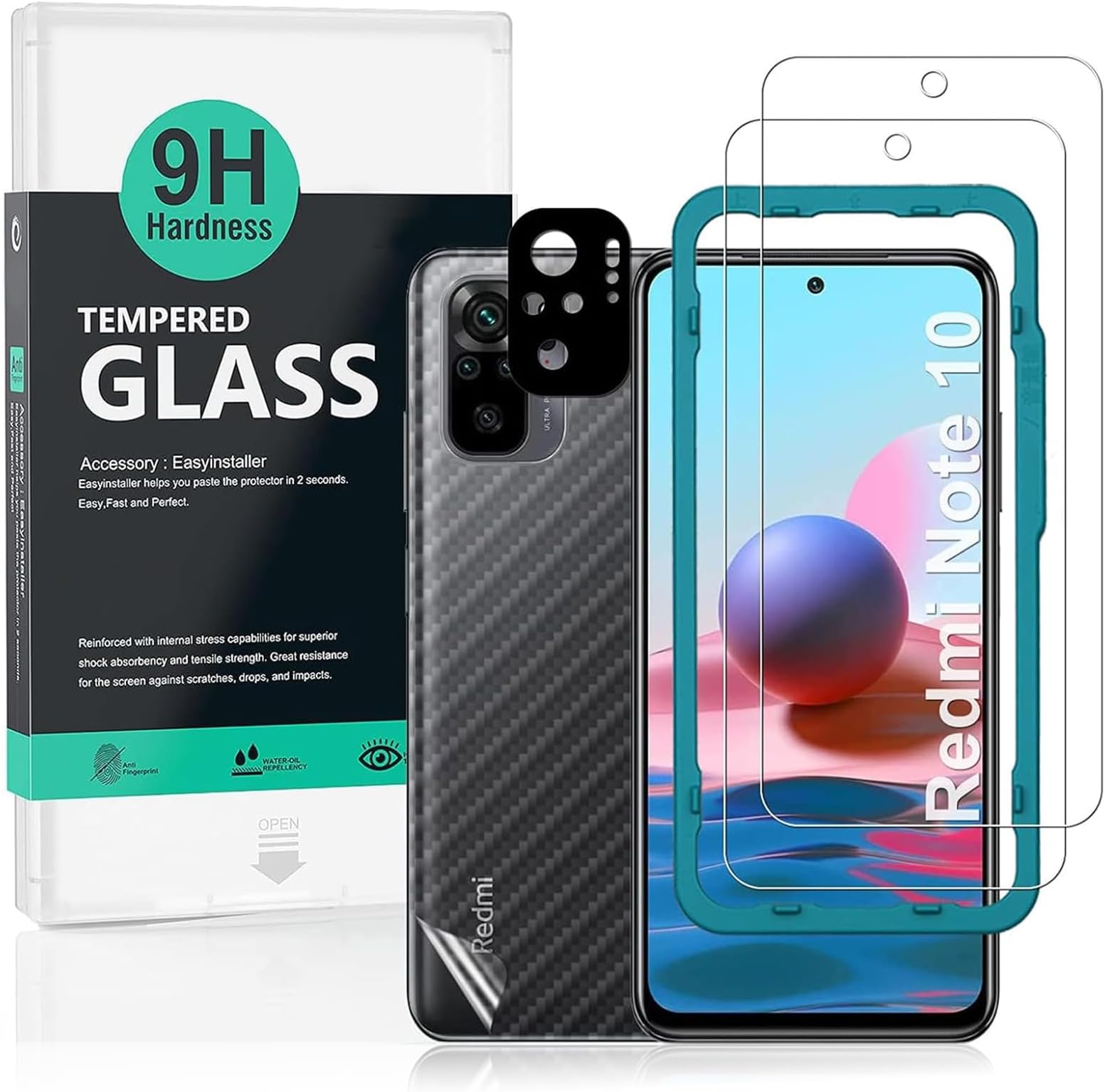 IBYWIND For Redmi Note 10/Redmi Note 10S Screen Protector 6,43",2 Pack 9H Hardness Tempered Glass,With 1Pc Camera Lens Protector,1Pc Back Carbon Fiber Film,Easy to install