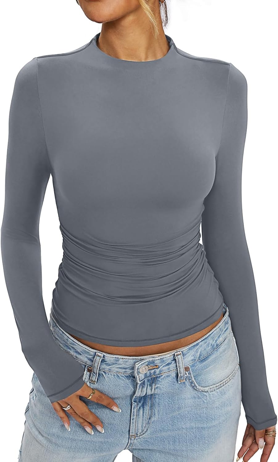 Womens Mock Neck Long Sleeve Shirts Ruched Double Lined Top Fit Tight Turtleneck Tee Spring Fall Clothes 2025