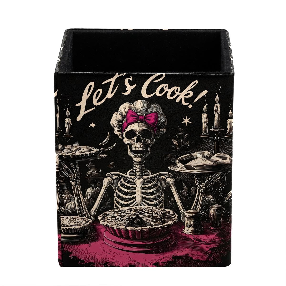 HEOEH Gothic Skeleton Pen Holder Pen Pot, Square Pencil Cup for Desk