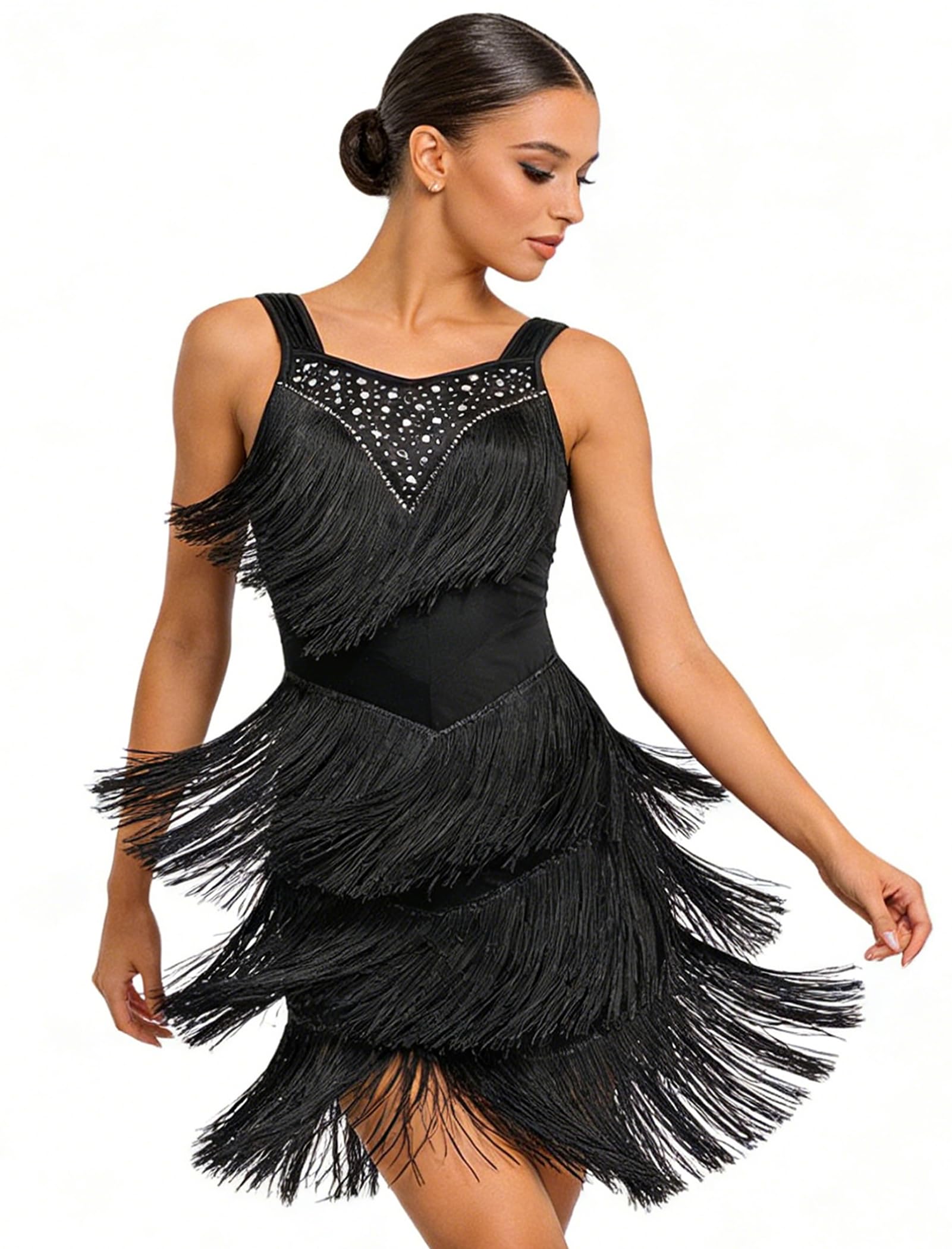 Latin Tanzkleid Damen Tanzkleid mit Fransen Salsa Kleid Damen Ballroom Kleid Damen - Sexy Glitzer Lateinkleid Kurz für Rumba Cha Cha Wettbewerb Training Party