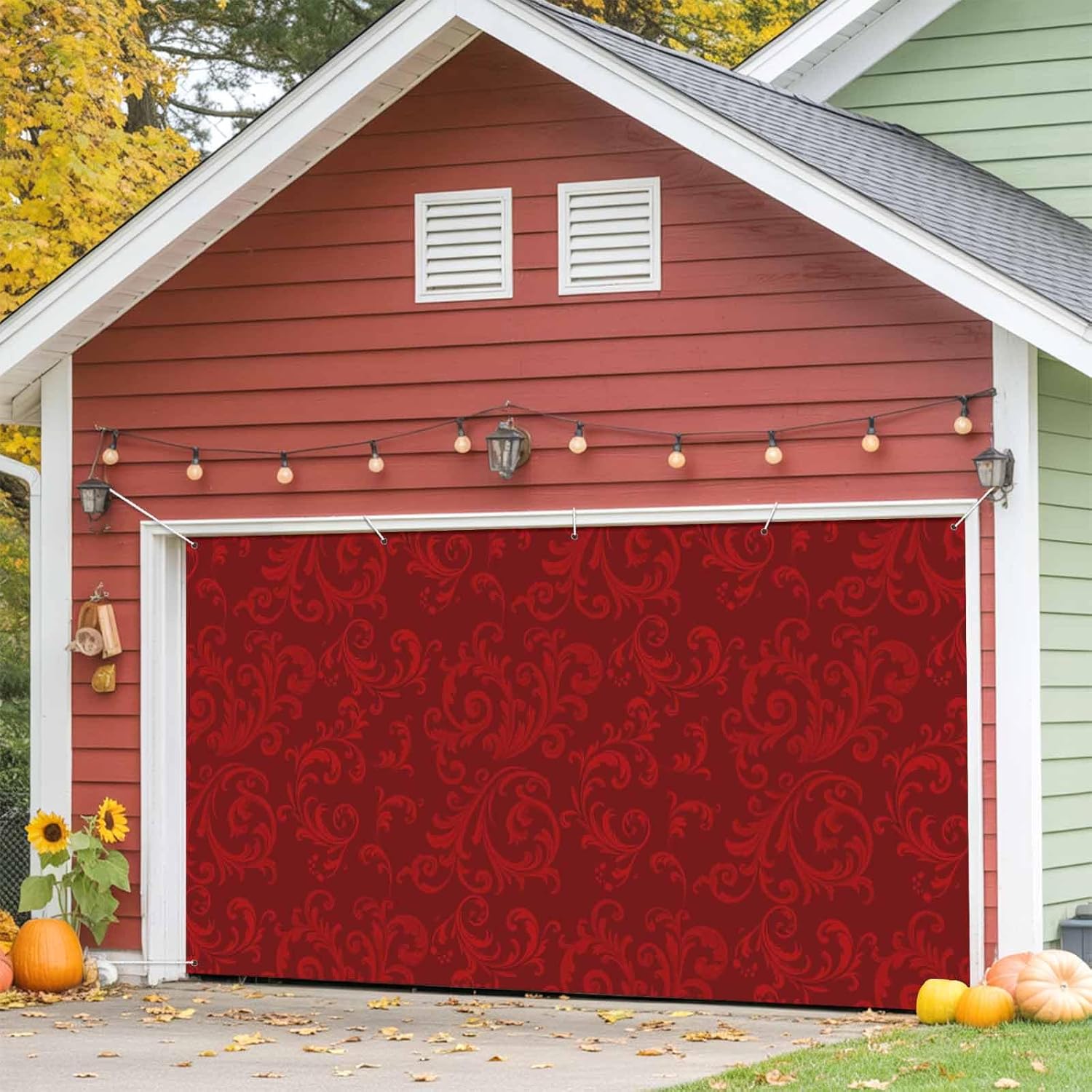 Retro Christmas Pattern Garage Door Banner Cover, Abstract Red Country Decoration Hanging Garage Door Decorations, Holiday Party Backdrop for Wall Gate Yard Indoor Outdoor Decor, 6x13 ft
