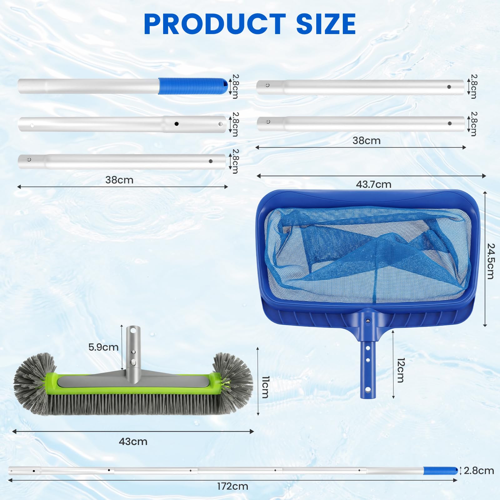 Pool Reinigungsset mit Runder Poolbürste, Abnehmbarer 169 cm Aluminiumstange und Poolskimmer für effiziente Poolreinigung Professionelles Pool Reinigungsset