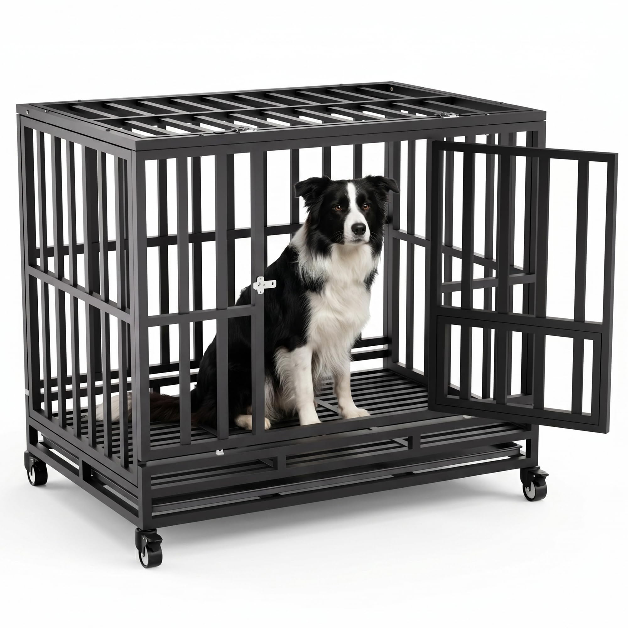 Heavy Duty Dog Crate, 38 inch Large Dog Kennels and Crates with Wheels, 4 Prevent Escape Lock and Removable Tray, Metal Large Dog Cage Tear Resistant Square Tube L Size (95x65x81cm)