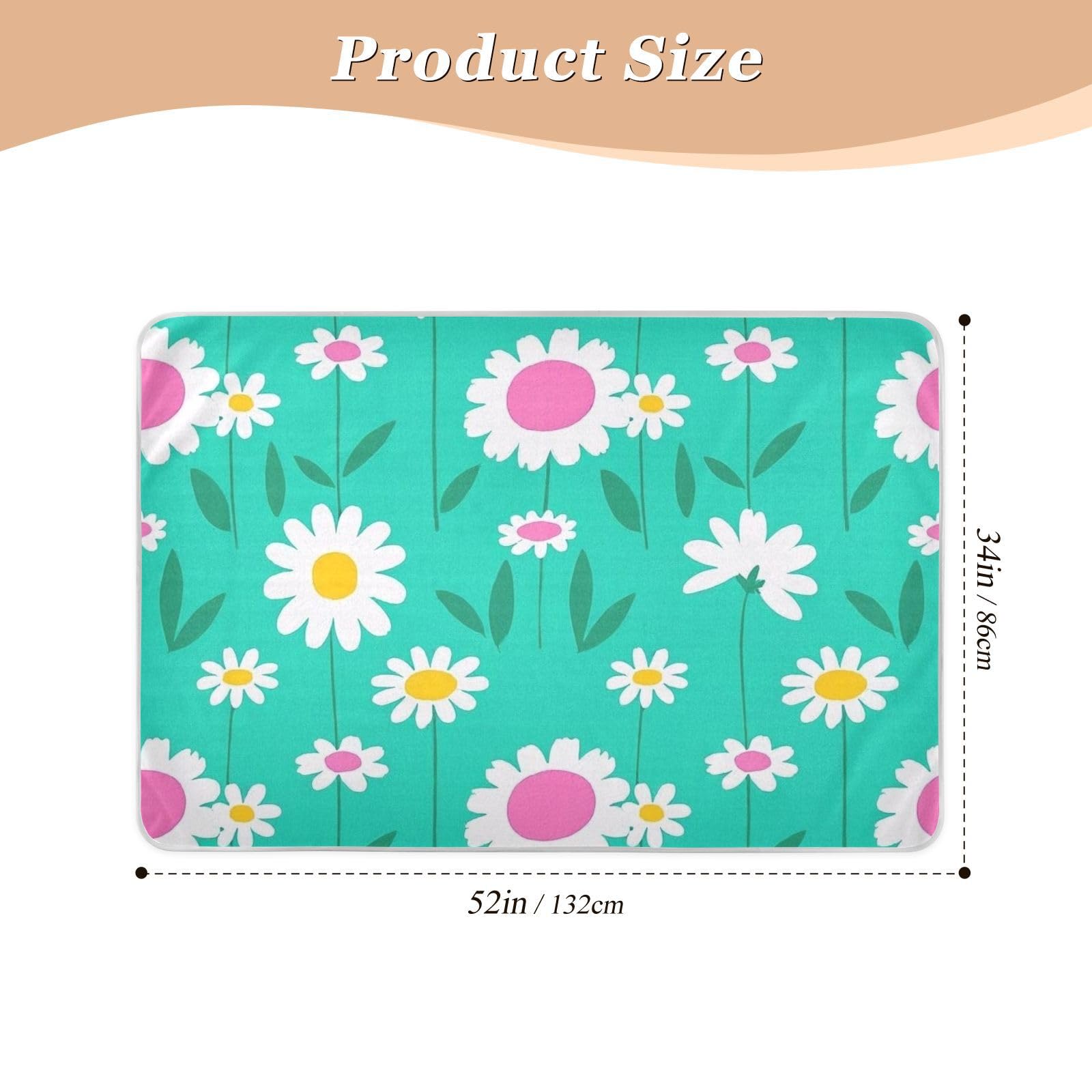 Daisy Flower Peach White Turquoise Baby Bed Pad Water Resistant Bed Wetting Pads Breathable Bed Liners for Baby Boys Girls , 52