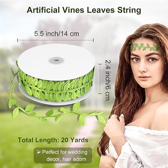 Naidiler Leaf Ribbon, 20Yards Artificial Green Ribbons for Crafts, Grass Olive Green Leaf Trim Rope for Baby Shower Wedding Party Wrapping Home Decor Wreath Garland