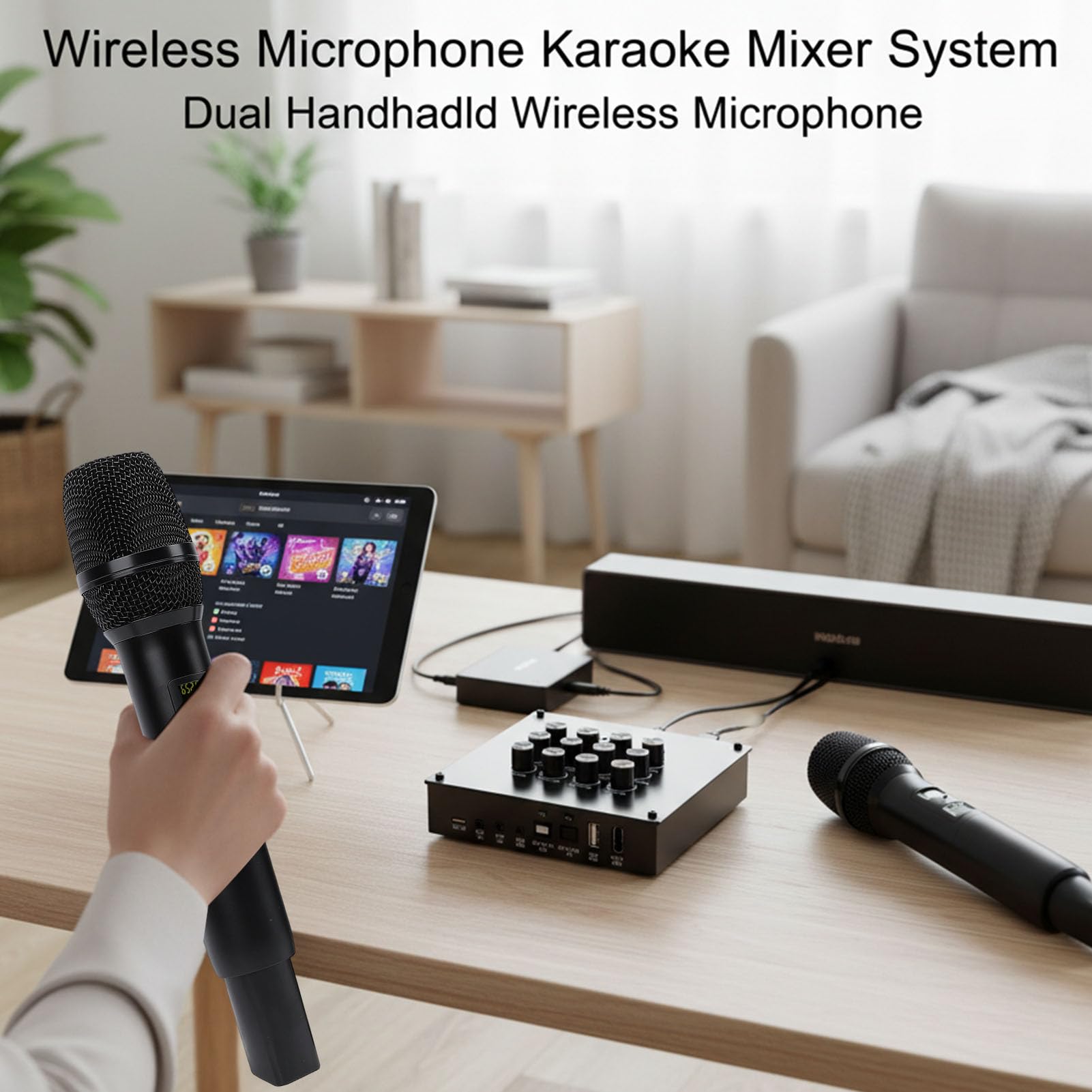 LICAEVEY Podwójny Ręczny System Mikrofonów Bezprzewodowych ze Zintegrowanym Korektorem, Mikserem Karaoke do Karty Dźwiękowej, Głośnika, Instrumentu, do Użytku na Scenie i w Domu