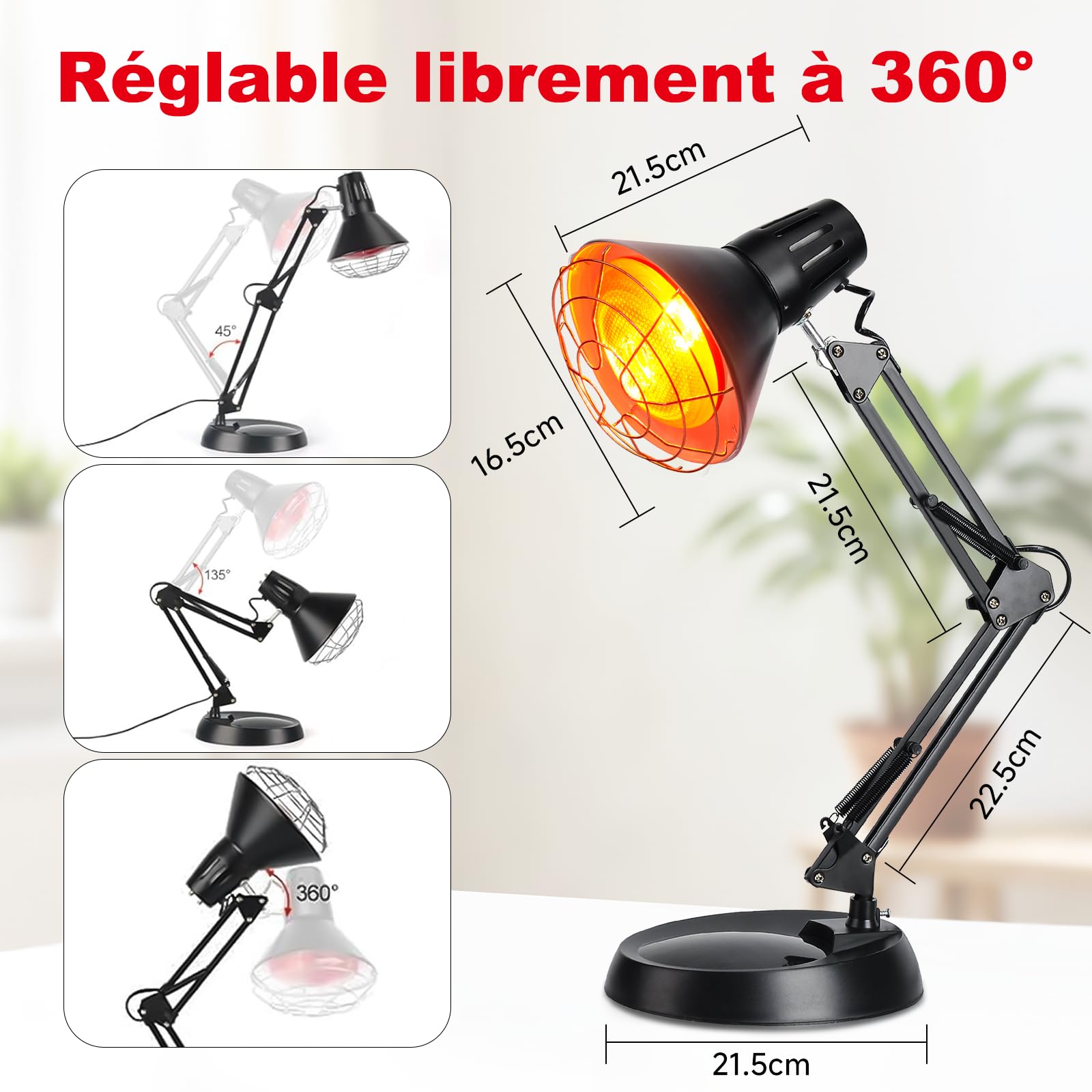 Cozion Lampe In-frarouge Chauffante 150w, Lampe à in-frarouge avec 10 niveaux de réglage de la température et 12 niveaux de minuterie (Noir)