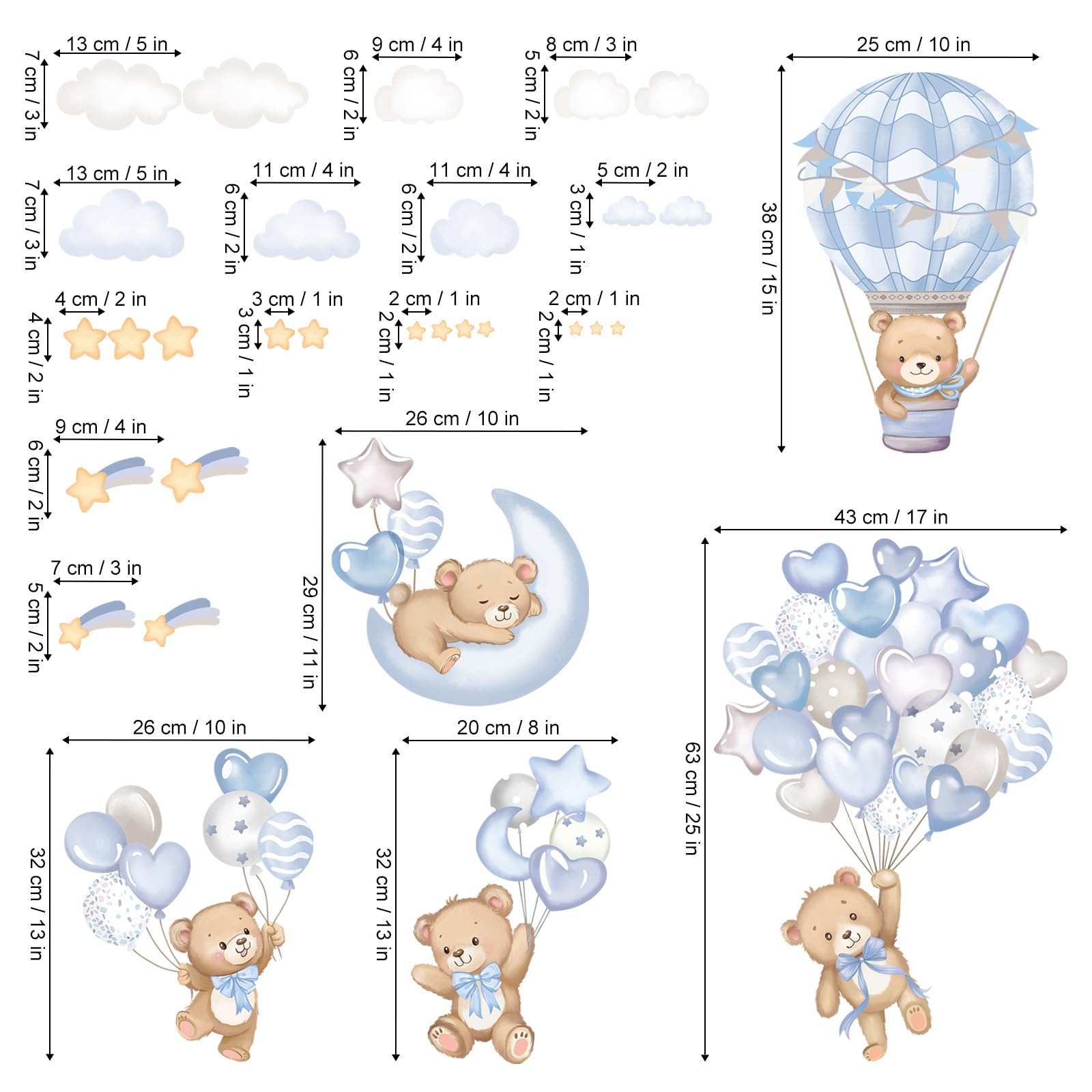 Bambini Adesivi Murali Orsetti con Blu Mongolfiera Stelle Adesivi da Parete Acuarello Stickers Murali Removibili per Decorazione Parete Soggiorno Cameretta Neonati