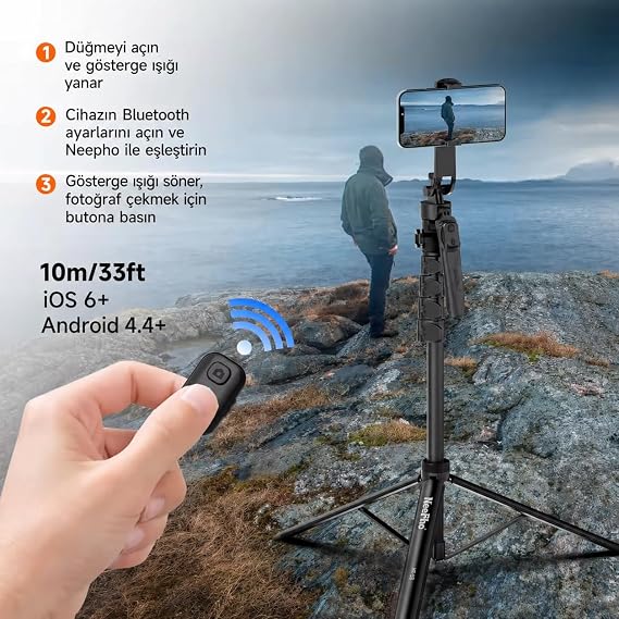 Coverzone 2 Metre Tripod Selfie Çubuğu Bluetooth Kumandalı 360° Dönebilen Telefon Kamera Standı Cold Shoe Mikrofon Işık Destekli Katlanabilir Vlog Canlı Yayın Tripodu | NP-Z5