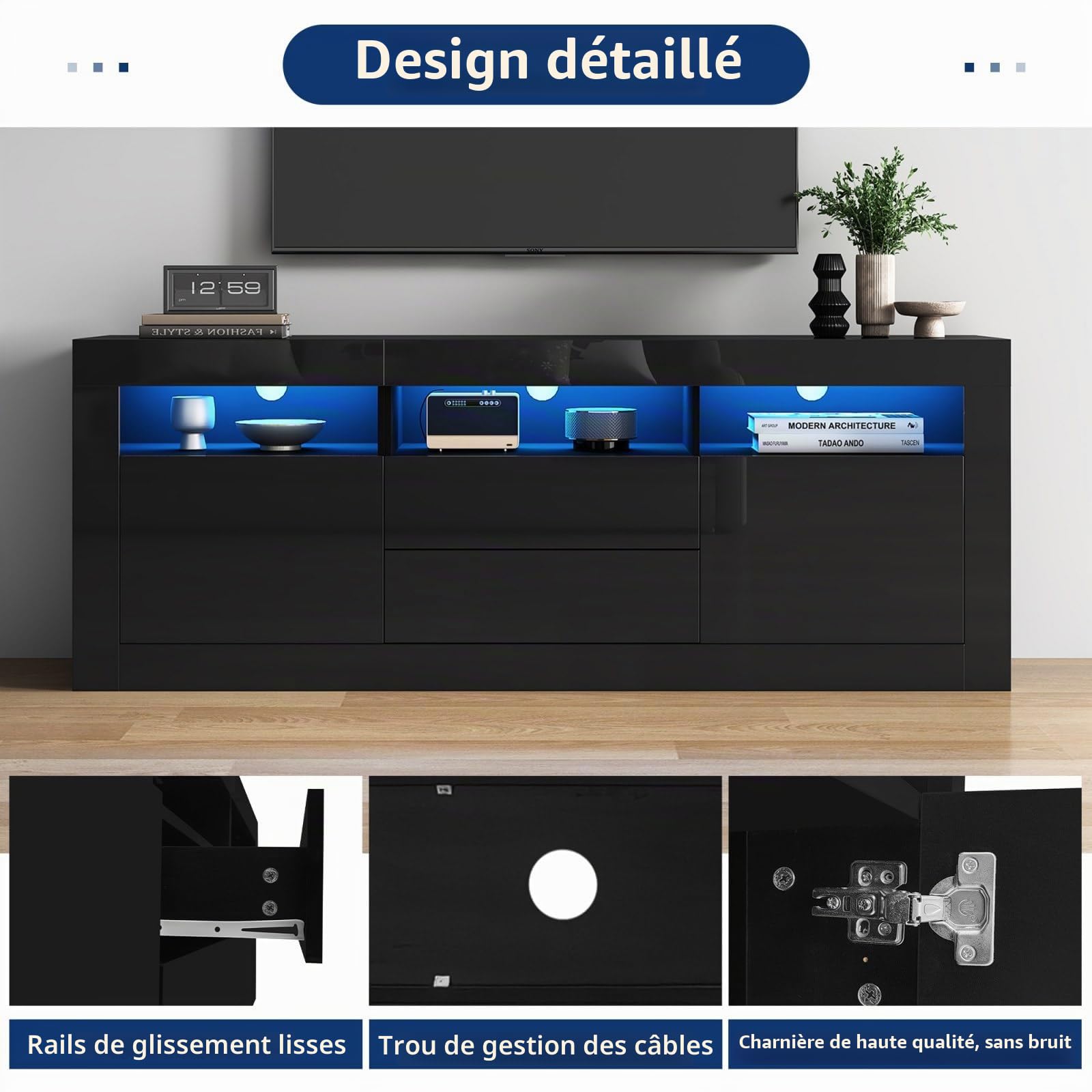 KOMHTOM Meuble TV 160 cm Longueur Noir avec LED et Rangement Table Television Salon avec Deux tiroirs et Portes Meuble de Salon Moderne (Noir, 160 x 35 x 60 cm)