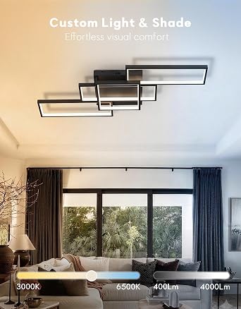 85cm LED Ceiling Light Dimmable, Modern Rectangular Ceiling Lamp for Living Room Bedroom, APP & Remote Control, Flicker-Free with Memory Function & Control Lock (Black) [Energy Class E]