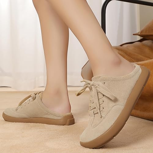 Miniatura 5 de UBFEN Pantuflas de piel de ante con soporte de arco para mujer, cómodas, para interiores y exteriores, con cordones