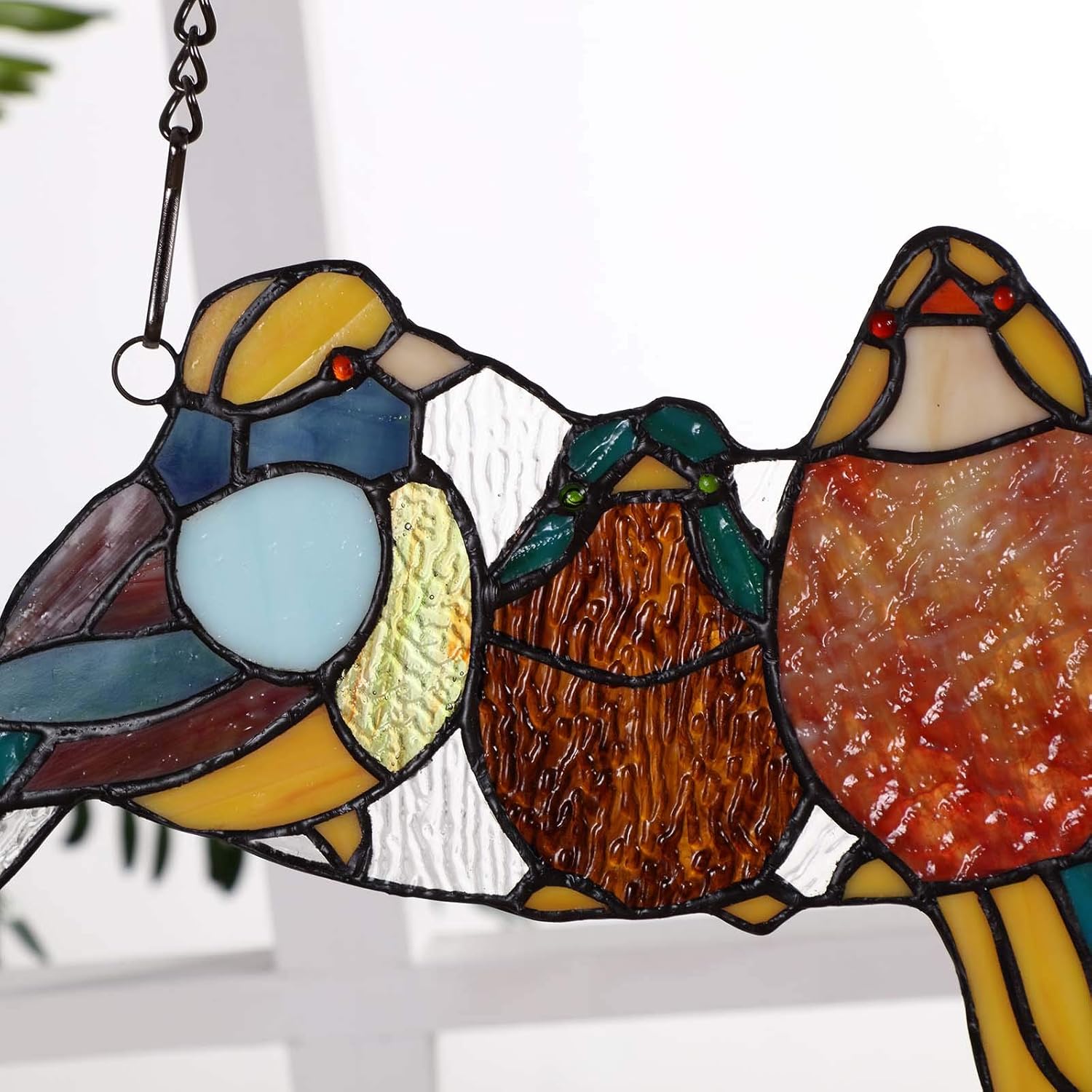 Bieye W10018 Tropical Birds Tiffany Style Stained Glass Window Panel with Chain, 15" W x 7" H