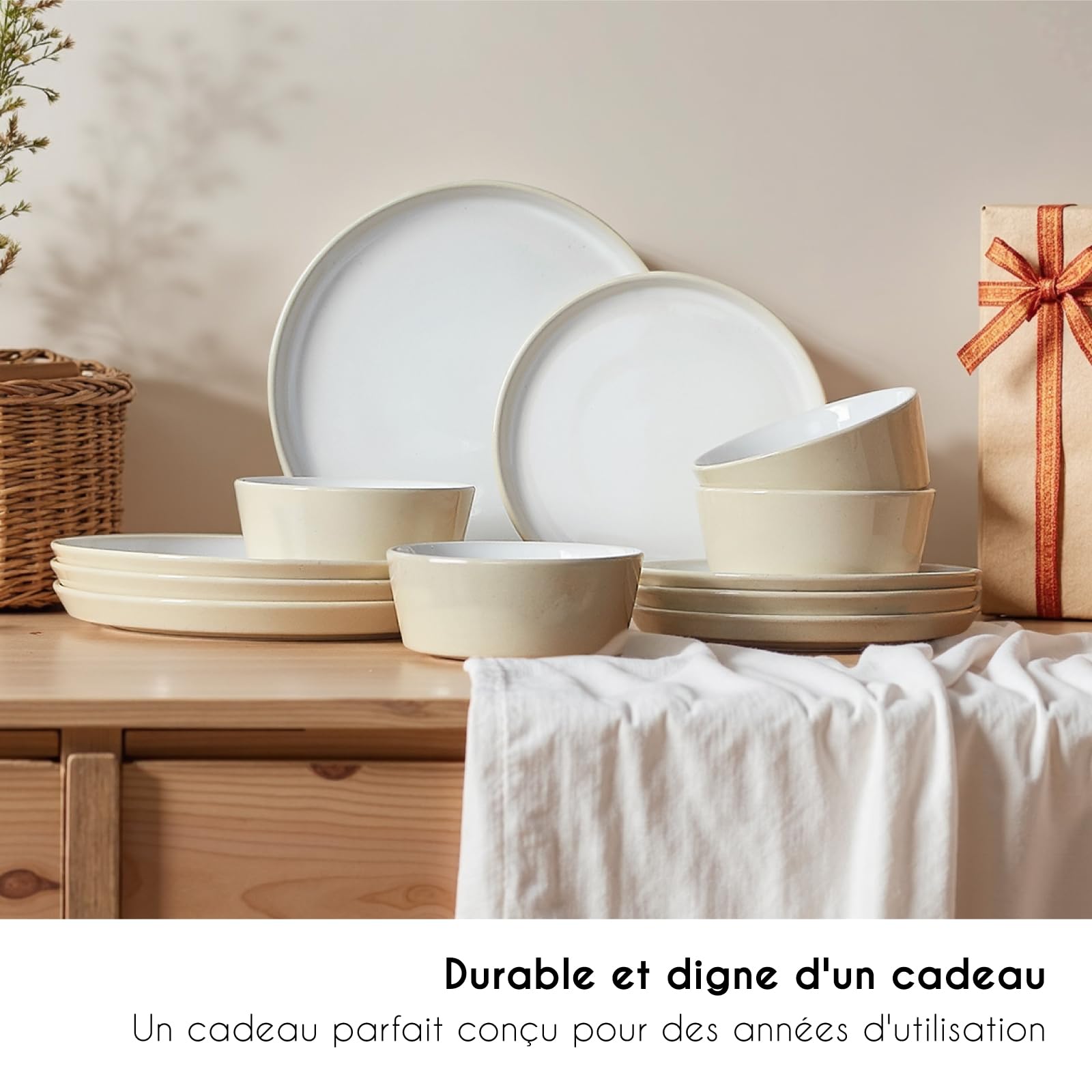 Service de Vaisselle 12 Pièces pour 4 Personnes | Ensemble Moderne en Porcelaine avec 4 Assiettes Plates, 4 Assiettes à Dessert et 4 Bols à Céréales | Design Rustique Style Ferme, Beige Clair