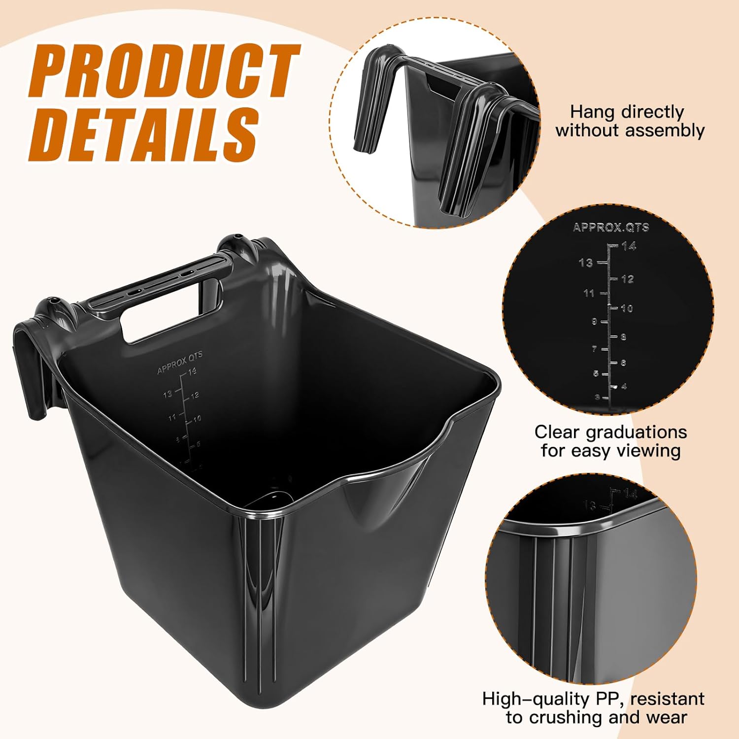 Horse Feed Bucket,15 Quart Plastic Hook Over Horse Feeder for Easy Hanging,Mountable Heavy Duty Livestock Feeders for Horses Sheep Cattle Cows (6)